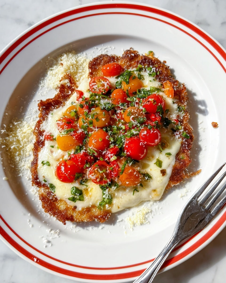 A crispy brown fried base covers a white plate with red rings near the edge. On top of the base, there is a soft, white melted cheese layer spreading unevenly. The cheese layer is crowned with bright red and orange halved cherry tomatoes mixed with chopped green herbs, giving a fresh and colorful contrast. Small bits of grated cheese are scattered around the edges of the fried base. A silver fork rests near the bottom right side of the plate on a white marbled surface. photo taken with an iphone --ar 4:5 --v 7