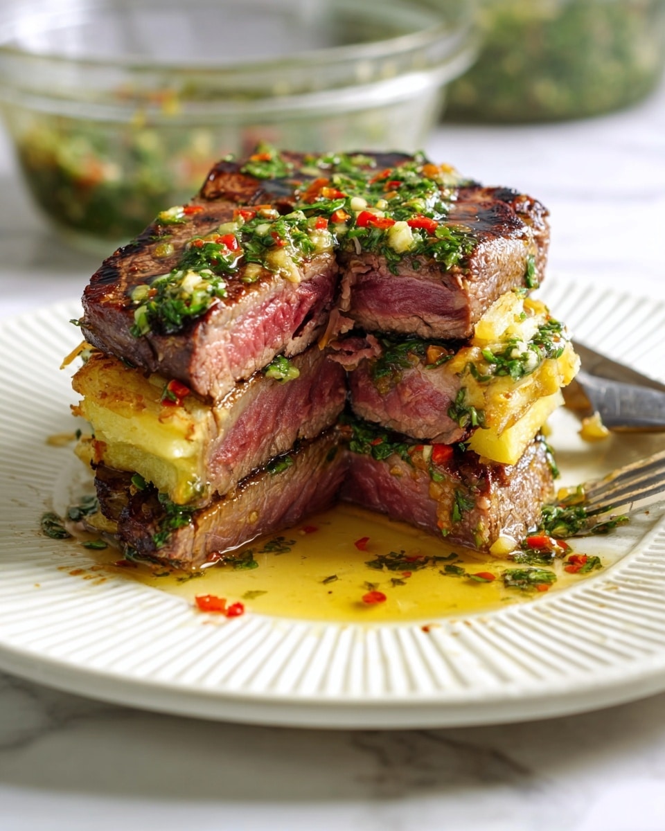 A close-up view of a stacked steak dish on a white plate with ridged edges, placed on a white marbled surface. The stack has three thick layers of medium-rare cooked steak, showing a pink and juicy inside with a slightly browned, grilled outer layer. Between each steak layer, there is a yellowish mashed potato or similar soft filling, topped with a bright green herb sauce mixed with small red chili pieces, giving the dish a fresh and vibrant look. There is a small pool of golden oil around the bottom of the stack, and a silver fork rests near the plate’s edge. In the blurred background, a clear bowl with more green herb sauce is visible. photo taken with an iphone --ar 4:5 --v 7