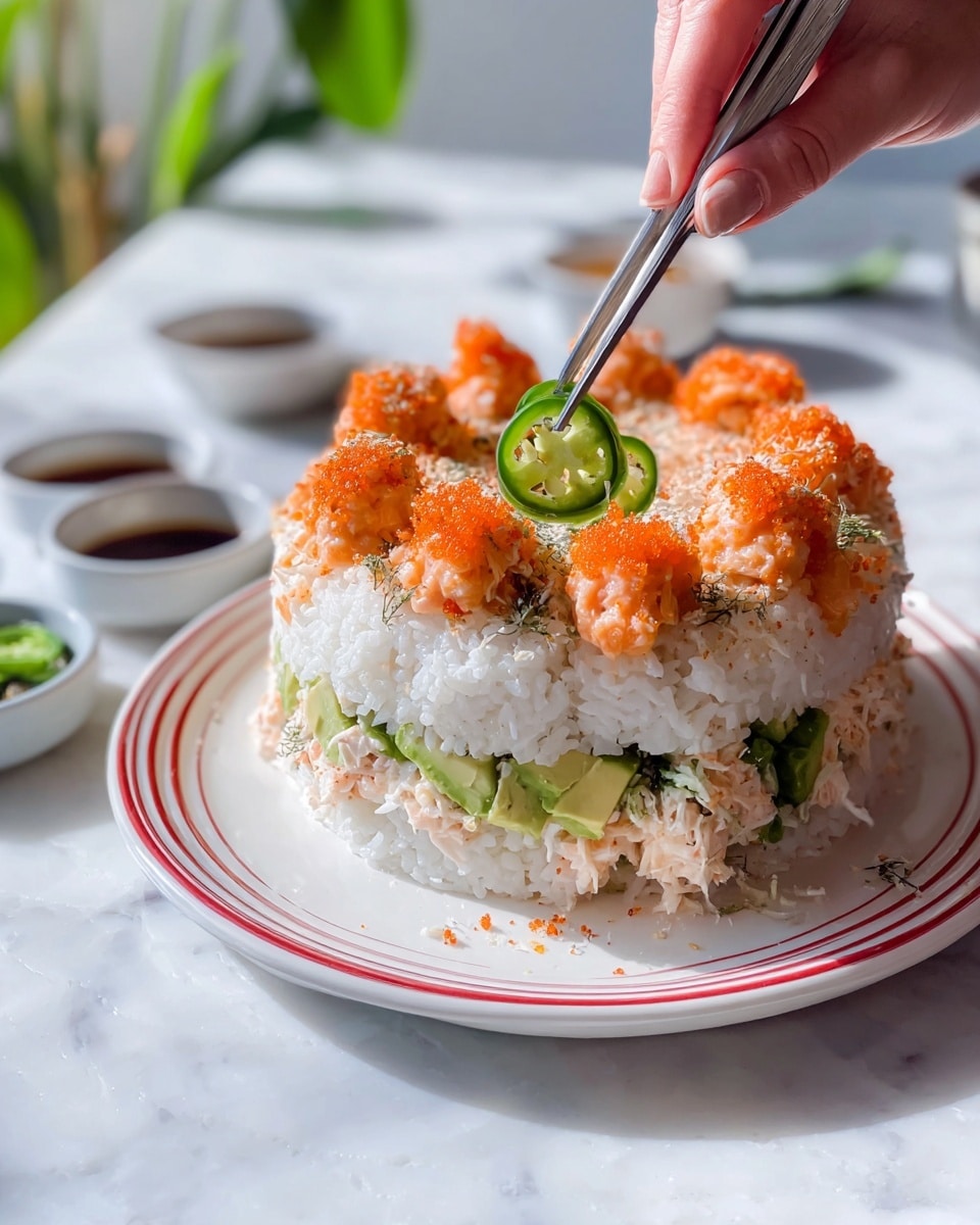 A circular sushi cake with three visible layers is placed on a white plate with red stripes near the edge, set on a white marbled surface. The bottom layer is white sushi rice, topped with a middle layer of green avocado slices and shredded crab meat mixed with mayonnaise. The top layer again consists of white sushi rice sprinkled with seasoning, and is decorated with eight dollops of orange spicy salmon mixture evenly spaced around the top. A pair of tweezers held by a woman's hand is placing a thin round green slice of jalapeno on one of the salmon dollops. In the background, there are small bowls with soy sauce and greenery softly blurred. Photo taken with an iphone --ar 4:5 --v 7