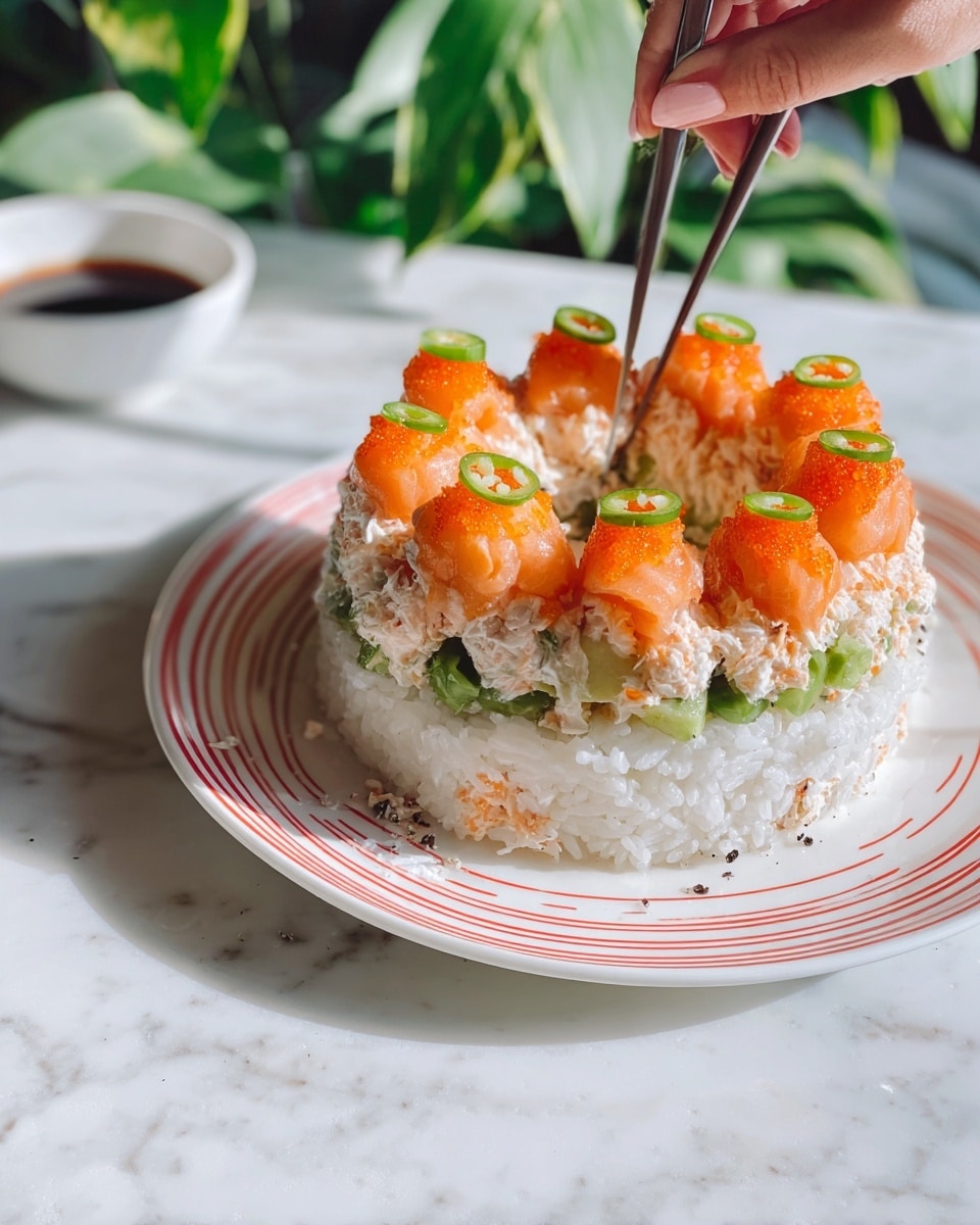 A ring-shaped sushi cake sits on a white plate with red stripes, placed on a white marbled texture. The dish has three clear layers: the bottom layer is made of white rice with some seasoning sprinkled on it, the middle layer consists of green slices likely avocado and crab meat mixed with vegetables, and the top layer is more white rice with seasoning. On top, there are eight dollops of orange spicy salmon, each topped carefully with a small slice of green chili being placed by a woman's hand using tweezers. In the background, there is a small white bowl of soy sauce and green plants adding to the fresh look. Photo taken with an iphone --ar 4:5 --v 7
