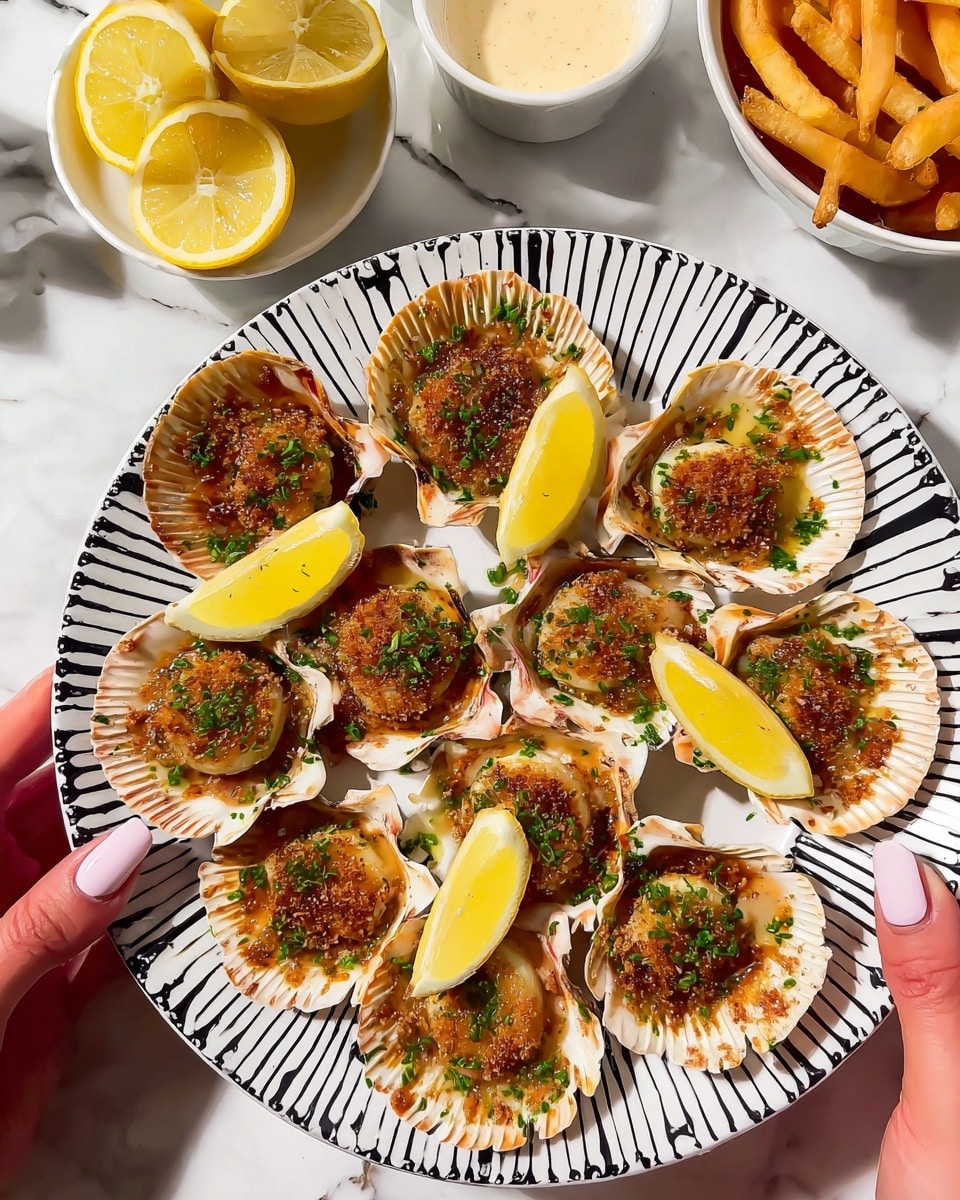 A white plate with a black and white geometric pattern on the rim holds about twelve scallops in their shells, each scallop topped with a browned, crispy herb and garlic mixture and finely chopped green chives sprinkled on top. Bright yellow lemon wedges are placed evenly between the scallops, adding vibrant color to the dish. The scallop shells are rough and natural-looking, with a light beige and cream color. A woman's hand with neatly painted light pink nails holds the plate on the left and right edges. In the background, a white bowl with lemon halves and a small cup of creamy sauce sit on a white marbled texture surface, along with some crispy fries partially visible. Photo taken with an iphone --ar 4:5 --v 7