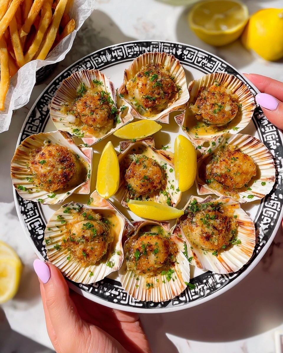 A white plate with a black and white patterned rim holds a single layer of baked scallops in their shells, arranged neatly in a circular pattern. Each scallop shell is filled with a golden-brown textured topping, with visible chunks of scallop meat and sprinkled with finely chopped green herbs. Bright yellow lemon wedges are placed between the scallop shells, adding a pop of color. A woman's hand with light pink nail polish is holding the edges of the plate at the bottom corners. In the soft sunlight, the plate rests on a white marbled surface, with sides of crispy fries in a paper liner and a couple of lemon halves in the blurred background. Photo taken with an iphone --ar 4:5 --v 7