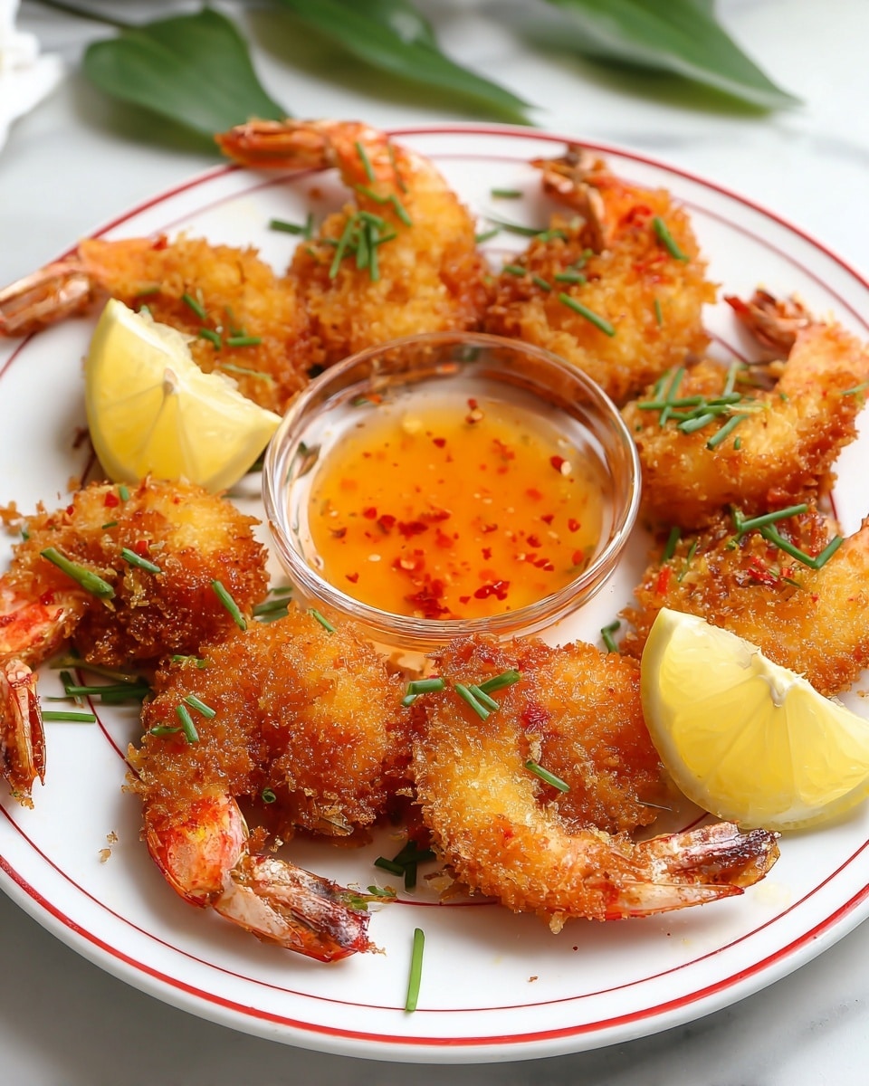 A white plate with red rings holds a circle of six crispy golden brown fried shrimp with tails, sprinkled evenly with green chopped chives. In the middle of the plate are two lemon wedges at opposite sides, adding a bright yellow color. On the front right side, there is a small clear glass bowl filled with orange dipping sauce that has red specks. The plate sits on a white marbled surface with some green leaves blurred in the background. photo taken with an iphone --ar 4:5 --v 7