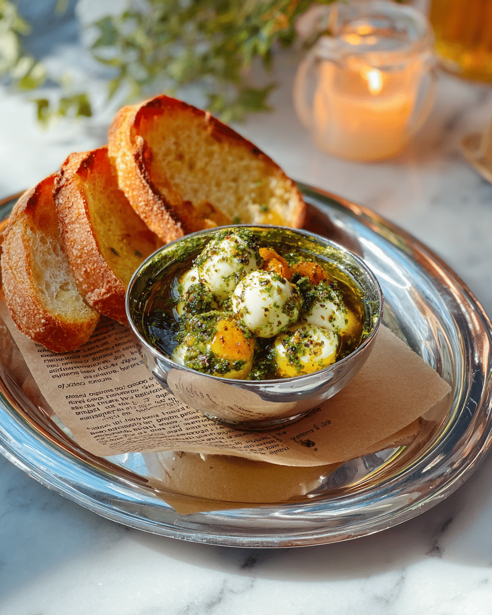 A small silver bowl filled with a mix of white cheese balls coated in green herbs, small orange pieces, and black peppercorns, all soaked in golden olive oil sits centered on a shiny silver tray. To the left of the bowl, there are three thick slices of toasted bread with a crisp golden-brown crust. The bowl and bread rest on a piece of brown paper with a faded text print. The tray is placed on a white marbled surface, with a soft candle light and a green plant blurred in the background. photo taken with an iphone --ar 4:5 --v 7