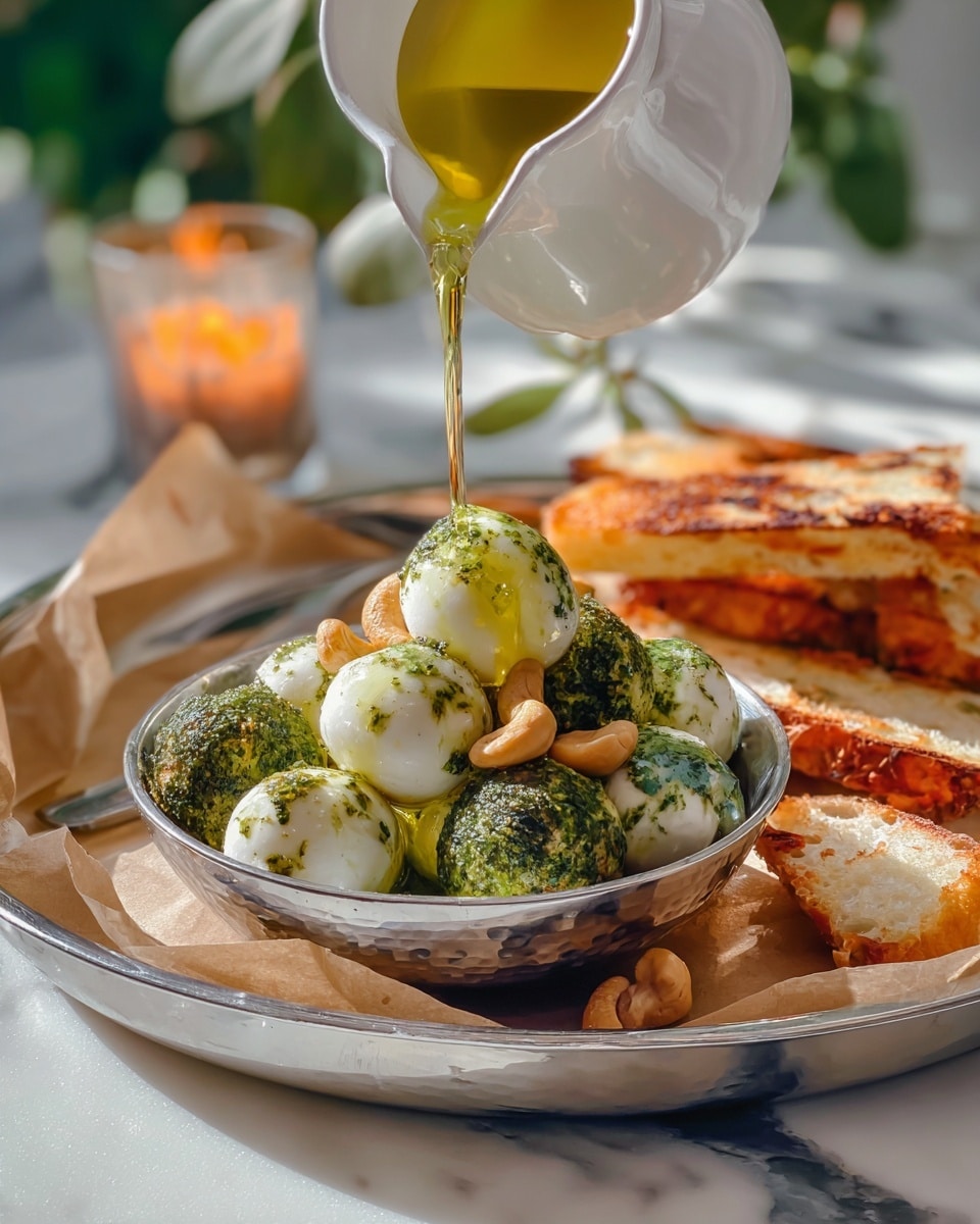 A small silver bowl holds a layered dish with glossy white mozzarella balls at the bottom, some topped with green herb-coated balls, layered with light brown, glistening cashew nuts scattered around. A golden olive oil stream is being poured from a white jug, catching the light and shining over the top layer. To the side, there are crunchy slices of toasted bread resting on brown paper inside a round silver tray on a white marbled surface, with soft natural light enhancing the fresh textures. In the blurred background, green leaves and a warm candle add a cozy feel. photo taken with an iphone --ar 4:5 --v 7