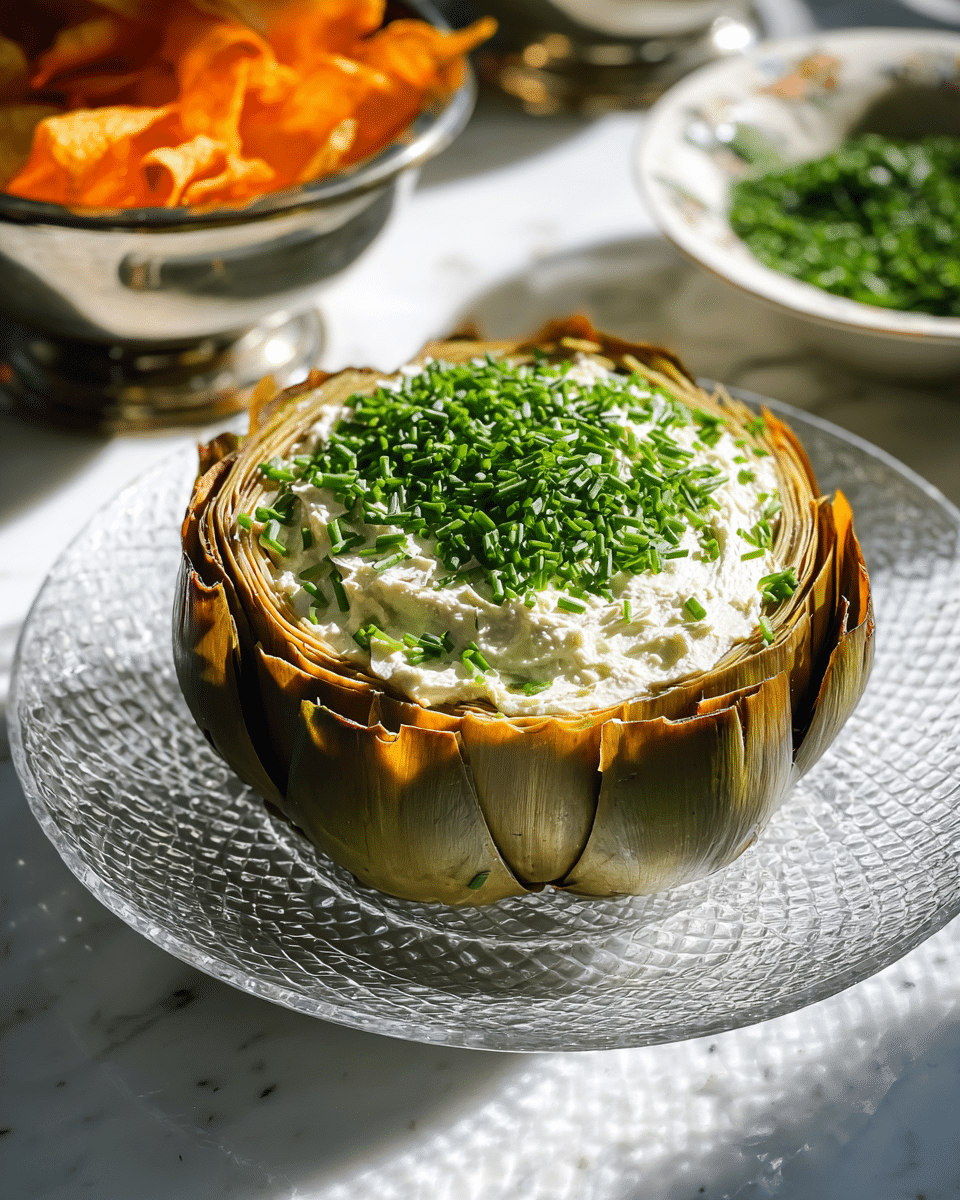 A layered dish with a base of brown, opened artichoke leaves forming a circular bowl, filled with a thick, creamy white spread topped generously with finely chopped bright green chives. The artichoke rests on a clear, textured glass plate with a geometric pattern. In the blurred background, there is a silver bowl filled with light orange chips and a white bowl also garnished with green chives. The scene is set on a white marbled surface under bright natural light, casting soft shadows. Photo taken with an iphone --ar 4:5 --v 7
