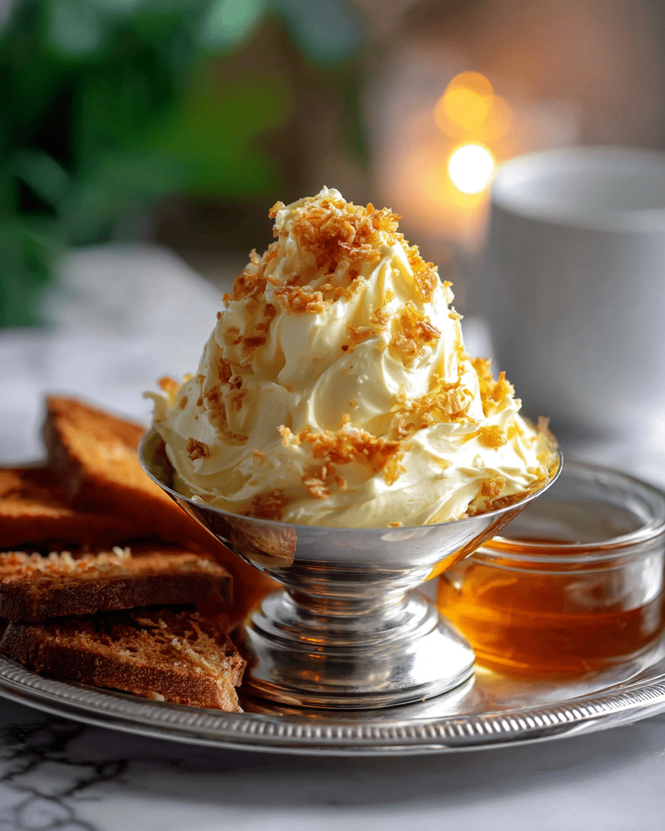 A shiny silver bowl holds a tall, creamy mound of pale yellow butter with a smooth and whipped texture. The butter is topped and sprinkled with small, golden-brown crunchy bits that add texture and color contrast. The bowl sits on a reflective silver plate, around which there are some toasted pieces of brown bread and a small clear glass container filled with amber honey. The scene is set on a white marbled surface, with a blurred green background and a white cup softly glowing with warm light in the distance. Photo taken with an iphone --ar 4:5 --v 7