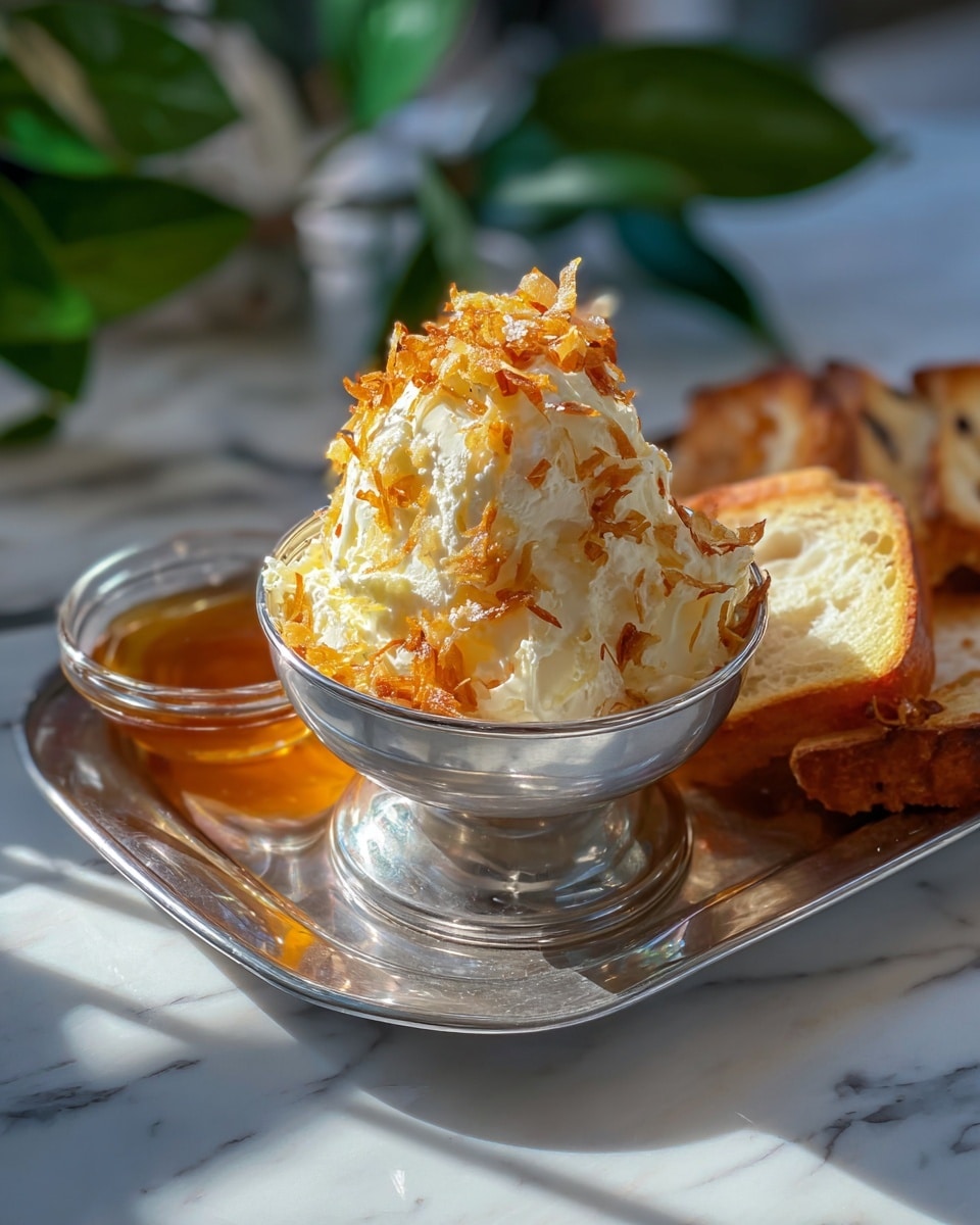 A shiny silver bowl filled with a tall, creamy white dollop of soft butter topped with crispy golden-brown fried onions sits in the center of a silver tray. Behind it, pieces of toasted golden-brown bread are partially visible, along with a small round glass container holding a layer of amber-colored honey or syrup. The tray is placed on a surface with a white marbled texture, and blurred green leaves add a touch of natural color in the background. The lighting highlights the creamy texture of the butter and the crispiness of the onions, creating a warm and inviting scene. photo taken with an iphone --ar 4:5 --v 7