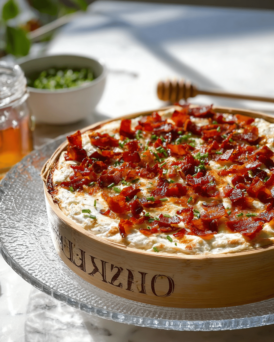 A round baked dish is shown in a wooden container with text on the side, placed on a clear textured glass plate over a white marbled surface. The dish has two main layers: the base layer is white and soft, likely a creamy cheese, and is topped with crispy reddish-brown bacon pieces scattered all over. Small green herb pieces are sprinkled on top, adding a fresh color contrast. In the soft-focused background, a white bowl with green herbs and a small glass jar with honey and a dipper are seen. The scene is bright with natural light, highlighting the textures and colors vividly. Photo taken with an iphone --ar 4:5 --v 7