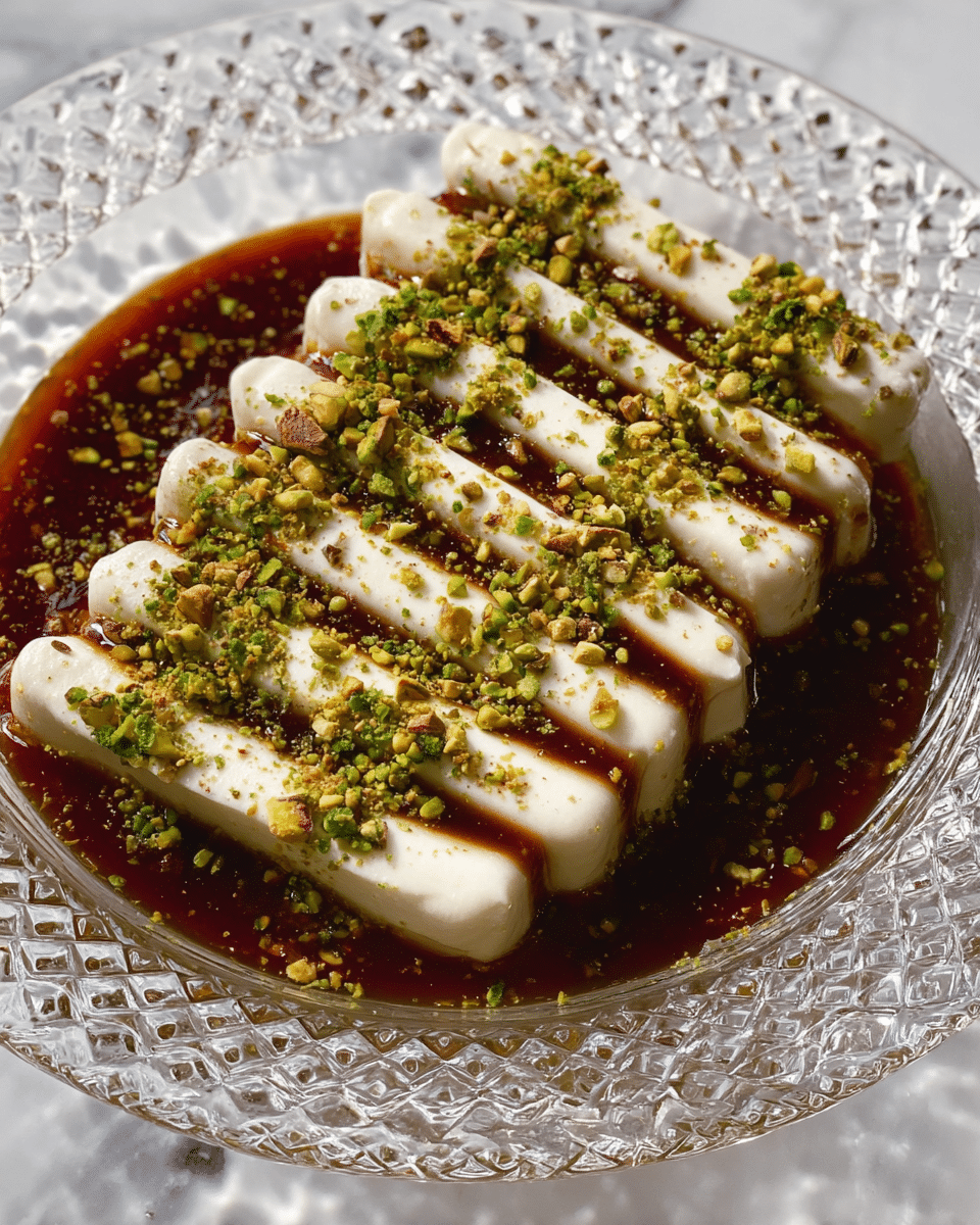 The dish shows six long, thin white cream layers placed in parallel on top of a dark glossy brown sauce spread evenly below. The brown sauce layer has a shiny, sticky texture while the white cream layers are smooth and thick. Over these layers, chopped green pistachios and small green herb pieces are sprinkled all over for color and texture contrast. The dish is served on a clear, textured glass plate with an ornate, raised pattern, sitting on a white marbled surface. Photo taken with an iphone --ar 4:5 --v 7