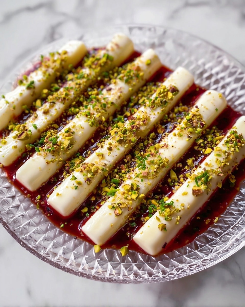 The dish is arranged on a clear, cut-glass plate placed on a white marbled surface. It features eight parallel rows, each consisting of a smooth, creamy white layer, likely a soft dessert or mousse. Beneath this creamy layer is a thick, dark red sauce adding a glossy shine and rich color contrast. The top of each creamy row is sprinkled generously with finely chopped green pistachios and small green herbs, creating a fresh, textured topping. The overall look is neat and colorful with a mix of creamy, glossy, and crunchy textures, highlighted by the pattern of the cut-glass plate. photo taken with an iphone --ar 4:5 --v 7