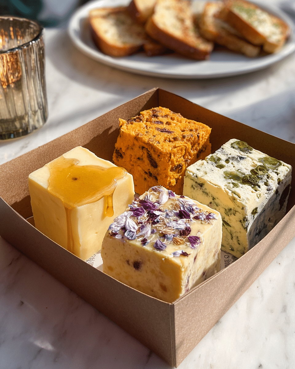 The image shows four square blocks of cheese-like food arranged in a brown box on a white marbled surface. The front left block is light yellow with a smooth texture and topped with a drip of golden honey. The front right block is pale yellow adorned with small purple and white edible flowers embedded throughout. Behind, the left block is deep orange with a rough, crumbly texture. The block behind on the right is creamy white mixed with green chives, herbs, and some olive slices, giving it a speckled look. In the background, there is a white plate with toasted bread slices and a shiny metallic candle holder. Photo taken with an iphone --ar 4:5 --v 7