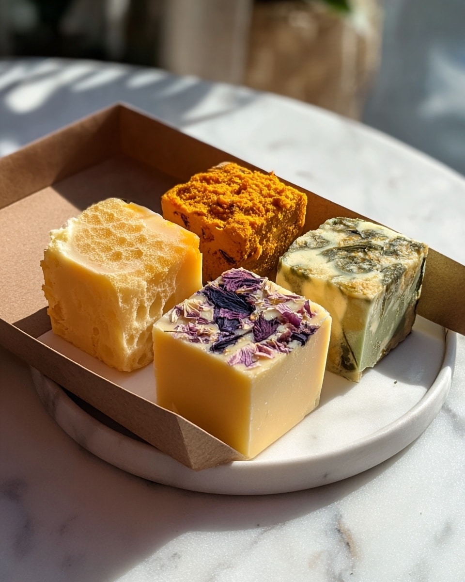 The image shows four square blocks arranged in a white round plate inside a brown box. The front left block is pale yellow with a honeycomb-like golden layer on top, smooth in texture. The front right block is a soft yellow color with purple and dark violet flower petals embedded throughout, giving a delicate floral pattern. Behind these, the back left block is a rich orange with a crumbly texture, possibly spiced or flavored. The back right block is pale green with darker green herb pieces and some light olive slices embedded, creating a fresh look. The setting is on a white marbled surface with soft natural light coming from the side. Photo taken with an iphone --ar 4:5 --v 7