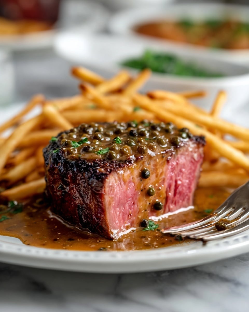 A thick cut of medium-rare steak with a pink center and a dark, slightly charred outer crust is placed on a white plate; it is topped with a generous layer of brown peppercorn sauce that has green peppercorns visible throughout. Surrounding the steak, there is a layer of golden brown crispy French fries with some green garnish scattered on top. In the foreground, a fork is slightly visible on the plate. The plate sits on a white marbled surface with a softly blurred background containing another white plate with food and a white bowl with green garnish. photo taken with an iphone --ar 4:5 --v 7
