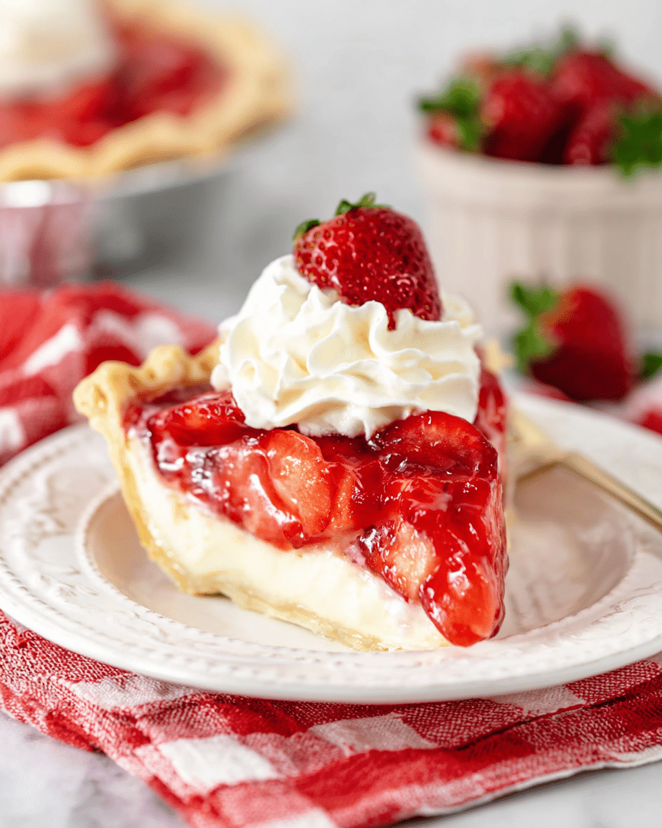 A slice of strawberry pie is shown on a white plate with a decorative edge, placed on a red and white checkered cloth on a white marbled surface. The pie slice has three visible layers: a light golden flaky crust at the bottom, a creamy white filling in the middle, and a shiny red strawberry topping with visible slices of strawberry covered in a glossy glaze. On top, there is a swirl of white whipped cream with a halved fresh strawberry placed on it. In the background, there is a white bowl filled with whole strawberries slightly out of focus. photo taken with an iphone --ar 4:5 --v 7