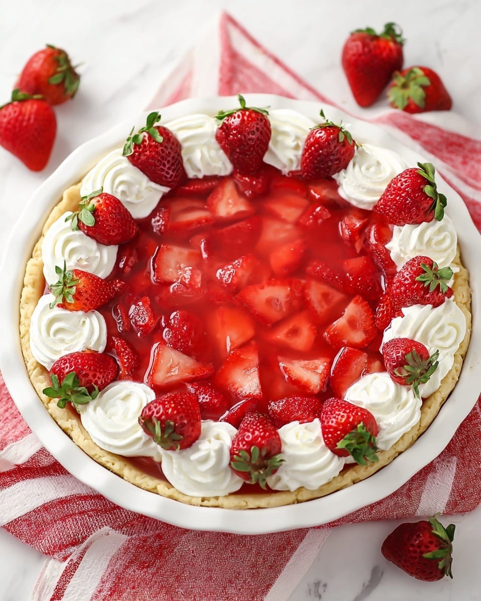 The image shows a white pie dish with a three-layer strawberry pie resting on a red and white striped cloth over a white marbled surface. The bottom layer is a light golden-brown pie crust with a slightly flaky texture. The middle layer is a smooth, translucent red strawberry gelatin with sliced strawberries suspended inside. The top layer features evenly spaced swirls of white whipped cream around the edge, each topped with a halved fresh strawberry with green leaves still attached. Photo taken with an iphone --ar 4:5 --v 7