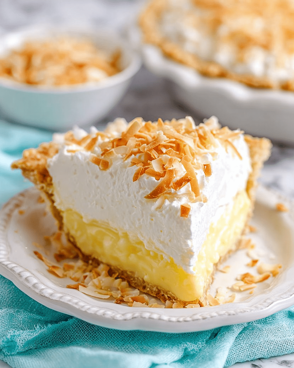 The image shows a slice of coconut cream pie with three visible layers on a white plate with decorative edges. The bottom layer is a light yellow, smooth custard-like filling. Above that is a thick white whipped cream layer, soft and fluffy in texture. The top is sprinkled with golden toasted shredded coconut, adding a textured, crunchy look. The pie crust is pale and slightly golden with a soft, crumbly texture, holding the creamy layers inside. The plate sits on a light blue cloth, and parts of other white bowls filled with toasted coconut and more pie are visible in the blurred background, all on a white marbled texture. Photo taken with an iphone --ar 4:5 --v 7