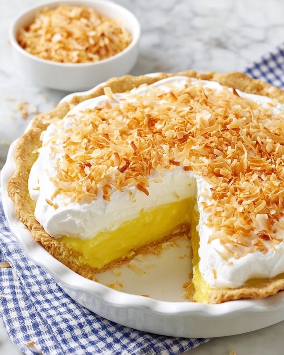The image shows a pie in a white pie dish with a golden-brown crust. The pie has three visible layers: the bottom layer is a thick, smooth yellow filling that looks soft and custard-like, the middle layer is a thick white cream, and the top layer is covered with toasted, golden brown shredded coconut that adds texture and a crunchy look. A slice has been removed, revealing the layers clearly. In the background, a white bowl filled with more toasted shredded coconut is visible, all set on a white marbled surface with a part of a blue and white checkered cloth. Photo taken with an iphone --ar 4:5 --v 7