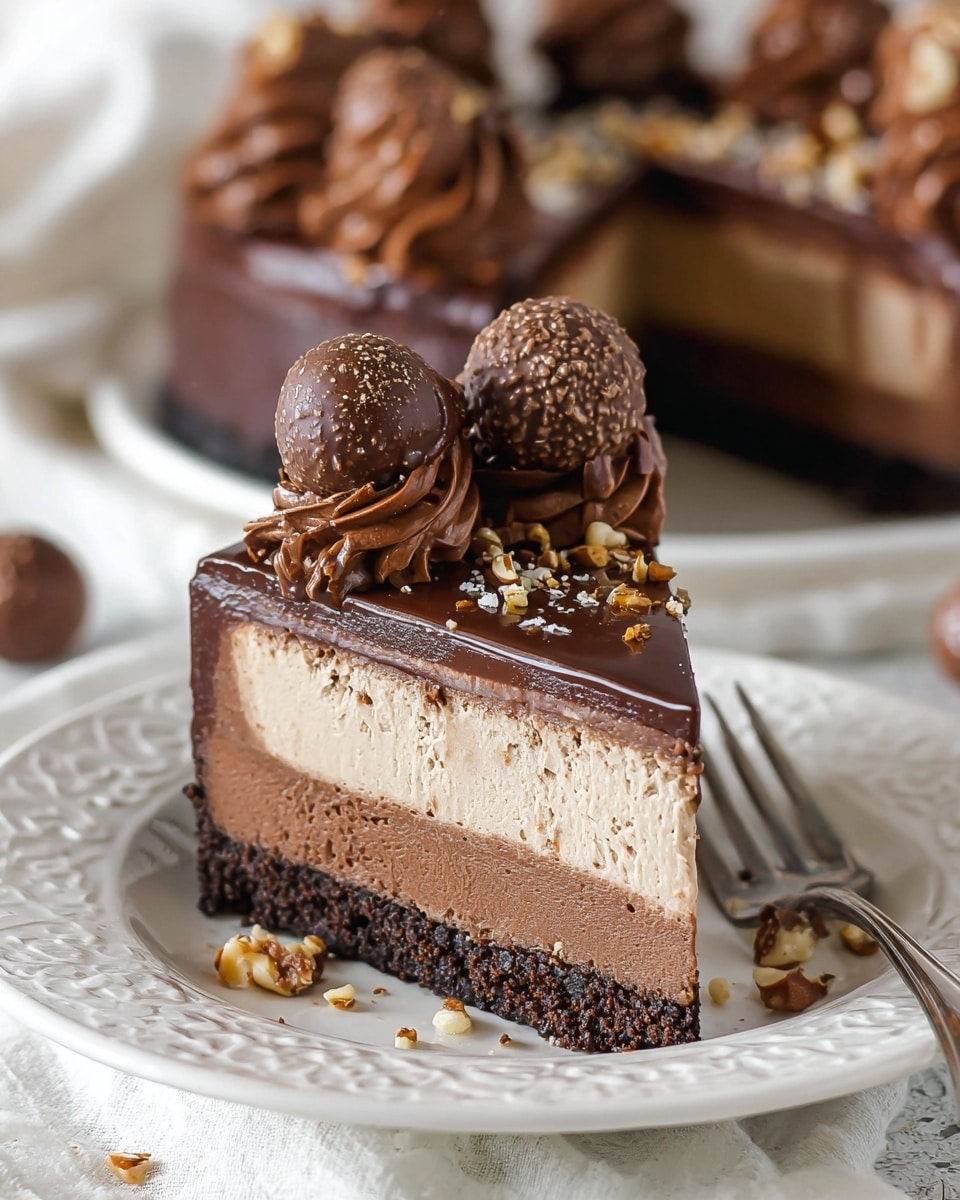 The image shows a slice of chocolate cheesecake with four visible layers on a white plate with a detailed edge design, set on a white marbled texture. The bottom layer is a dark brown, crumbly crust. Above that is a thick, smooth milk chocolate cheesecake layer in light brown. The third layer is a slightly shiny, darker chocolate ganache spread thinly on top. The top layer consists of rich, swirled dark chocolate whipped cream with two round chocolate-covered nuts placed on top, and some chocolate drizzle and small crunchy bits sprinkled over the dessert and plate. A fork rests beside the slice on the plate. In the background, a larger portion of the same cake is blurred but visible. photo taken with an iphone --ar 4:5 --v 7