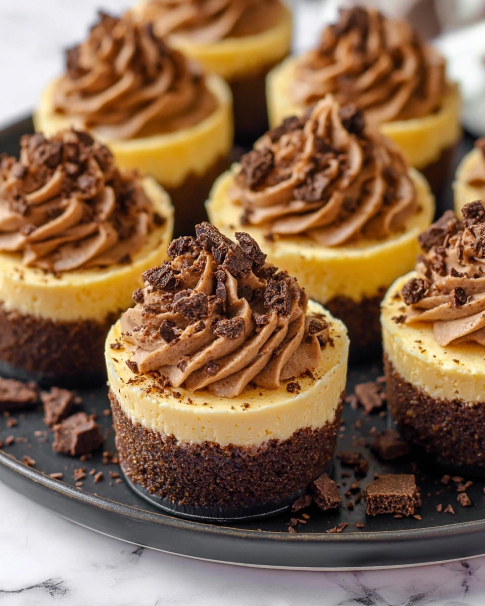 The image shows a close-up of several mini cheesecakes on a dark tray, placed on a white marbled surface. Each mini cheesecake has three layers: a dark brown crumbly base at the bottom, a thick creamy yellow cheesecake layer in the middle, and a swirl of light brown chocolate mousse on top. The mousse is decorated with small pieces of chocolate crumbs scattered over it. Some crumbs also lie around the tray, adding texture to the scene. Photo taken with an iphone --ar 4:5 --v 7