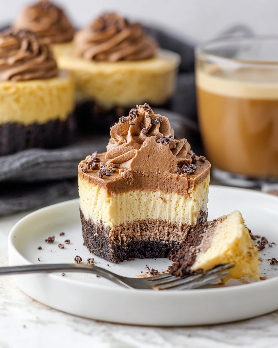 A mini cheesecake is sliced in half, showing three clear layers: the bottom crust is dark brown and crumbly, the middle layer is thick, creamy, and pale yellow, and the top layer is a smooth, fluffy swirl of light brown chocolate mousse with small chocolate bits scattered on it. The cheesecake sits on a white plate with a white marbled surface underneath. A fork with a piece of cheesecake on it rests in front of the slice, and blurred mini cheesecakes and a light brown liquid in a clear glass cup are in the background. Photo taken with an iphone --ar 4:5 --v 7