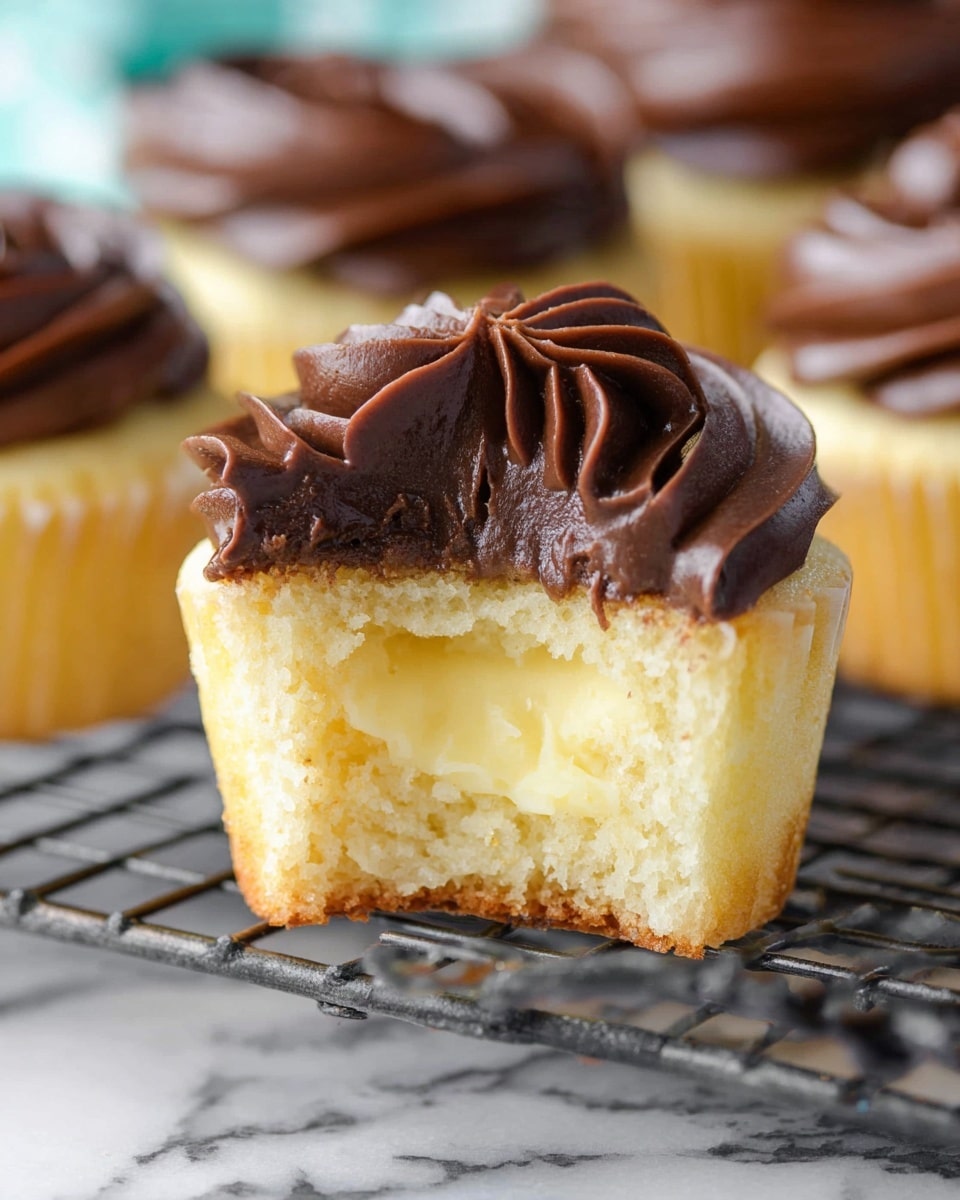 A close-up of a single cupcake with three layers. The bottom layer is light yellow fluffy cake with a moist texture, hollowed out in the middle to reveal the middle layer, which is creamy pale yellow vanilla custard filling. The top layer is a thick swirl of smooth, dark brown chocolate frosting, glossy and rich, decorated with soft, flowing waves. The cupcake sits on a black metal cooling rack, with other cupcakes blurred in the background over a white marbled surface. photo taken with an iphone --ar 4:5 --v 7