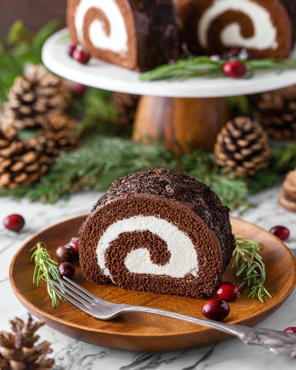 A chocolate roll cake slice sits on a wooden plate, showing three visible layers: a dark chocolate outer layer with a rough texture, a middle layer of rich dark brown chocolate sponge, and a smooth, white creamy swirl in the center. The slice is surrounded by red cranberries and green rosemary sprigs as decoration, with a silver fork placed beside it. In the background, another chocolate roll cake is on a white wooden stand, decorated similarly with cranberries, green herbs, and pinecones, all set against a white marbled surface. Photo taken with an iphone --ar 4:5 --v 7