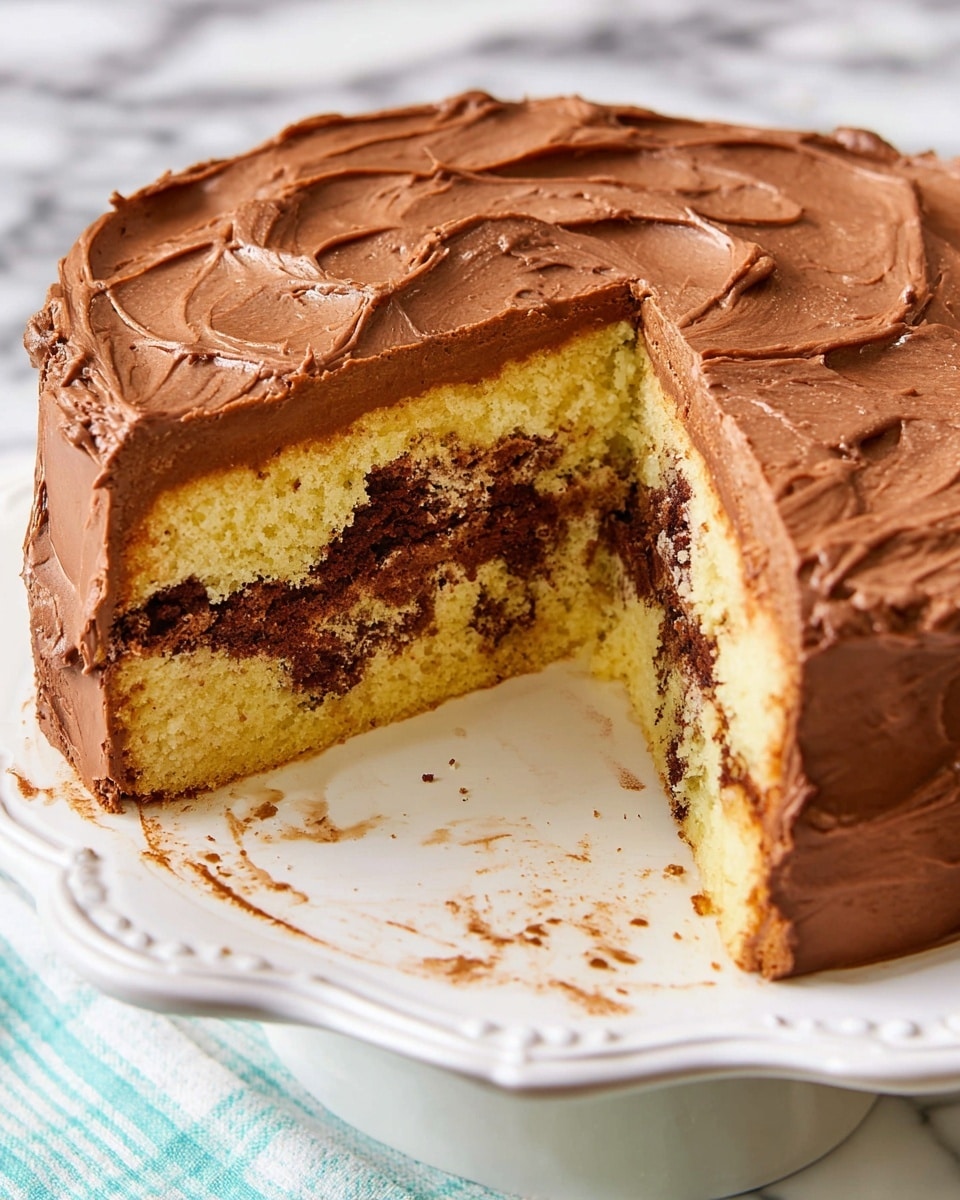 A round marble cake with two visible layers sits on a white scalloped-edge plate on a white marbled surface. The bottom layer is light yellow with some chocolate spots, while the middle layer is a smooth, thick band of chocolate frosting. The top layer mixes light yellow cake with a patch of chocolate cake in the center. The entire outside of the cake is coated with a thick, creamy layer of chocolate frosting, with visible swirled patterns on top. A thick slice is cut out showing the inside layers clearly, with a few crumbs and frosting smudges on the plate. photo taken with an iphone --ar 4:5 --v 7