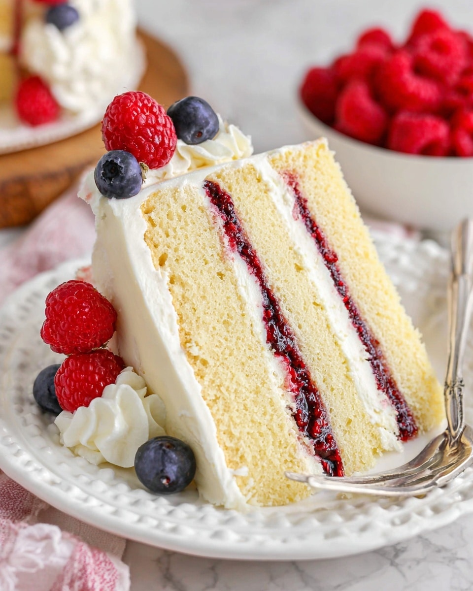 A three-layer slice of light yellow sponge cake on a white decorative plate, each layer separated by a thick layer of white creamy frosting and two thin layers of dark red berry jam. The outside is covered in smooth white frosting with fresh red raspberries and dark blue blueberries on the side, along with a dollop of white cream. A silver fork rests beside the cake, and a bowl filled with fresh red raspberries is blurred in the white marbled background. Photo taken with an iphone --ar 4:5 --v 7