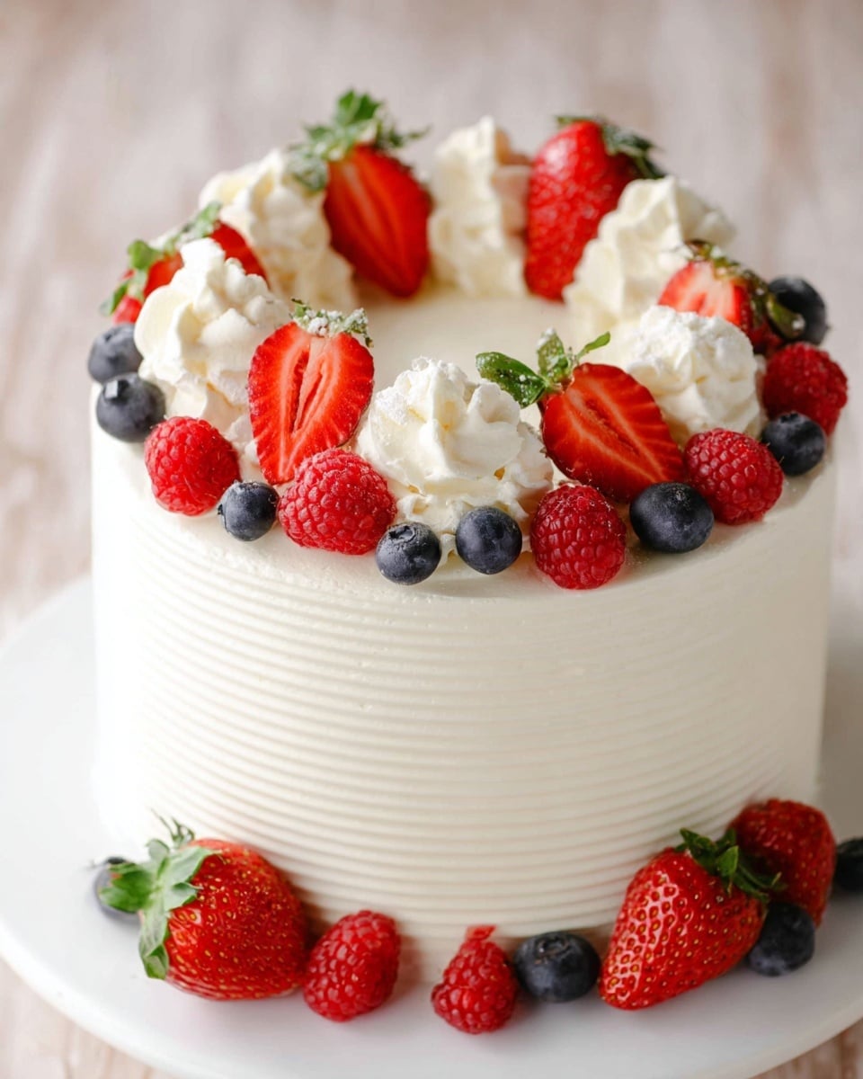 A round cake with smooth, white frosting that has fine horizontal lines around the sides, topped with eight evenly spaced mounds of white cream. Each mound holds a bright red strawberry, some whole and one sliced showing the inside. Around the cream and strawberries, a mix of fresh red raspberries and dark blue blueberries are scattered both on top and at the base of the cake. The cake sits on a white plate placed on a white marbled surface. photo taken with an iphone --ar 4:5 --v 7