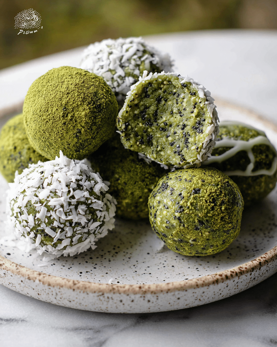 The image shows several round, green energy balls arranged on a white speckled plate placed on a white marbled surface. Each ball has a rough texture with visible small black seeds, oats, and green matcha powder. Two of the balls are coated with white shredded coconut, giving a contrasting white outer layer. One ball is cut in half on top of the others, revealing a dense, moist interior that is green with black seeds and a slight drizzle of white icing on the edge. The lighting highlights the detailed texture and vibrant green color of the balls. Photo taken with an iphone --ar 4:5 --v 7