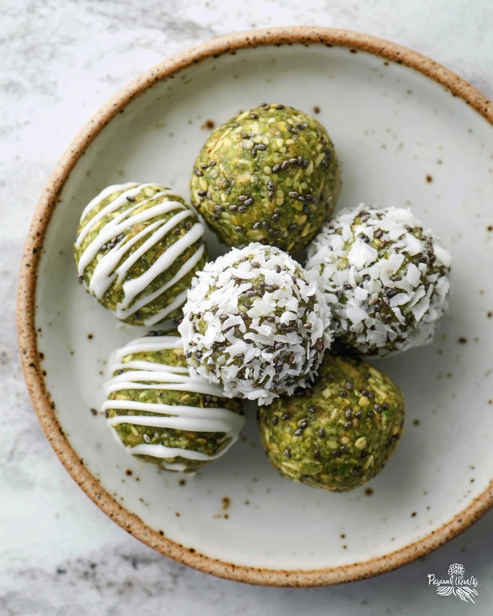 A white speckled round plate holds six green energy balls set on a white marbled texture. Four balls have a rough texture with visible oats and black chia seeds mixed in. Two balls are coated in shredded white coconut flakes, giving a snowy look. One ball at the center is drizzled with thin white icing lines that cross over it. The balls are arranged closely together, forming a small stack with varied textures and colors. Photo taken with an iphone --ar 4:5 --v 7