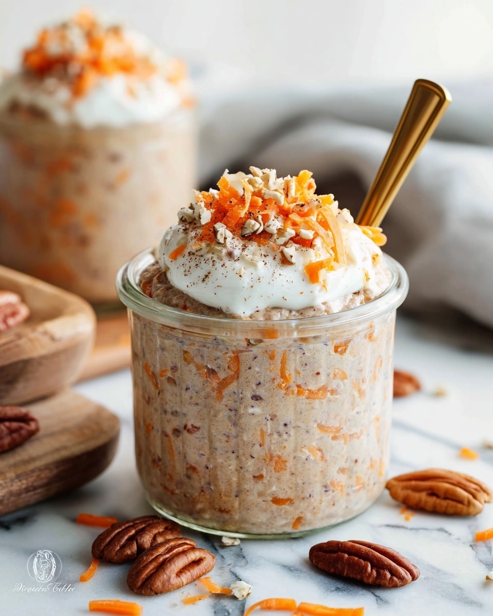 A clear glass jar filled with a thick, beige carrot cake mixture that has visible orange carrot bits throughout, topped with a white whipped cream layer sprinkled with small brown specks, shredded bright orange carrot, and whole pecan halves. The jar sits open on a white marbled surface with additional whole pecans and some shredded carrot scattered around. A gold spoon is placed inside the jar. Another similar jar is blurred in the background. Photo taken with an iphone --ar 4:5 --v 7