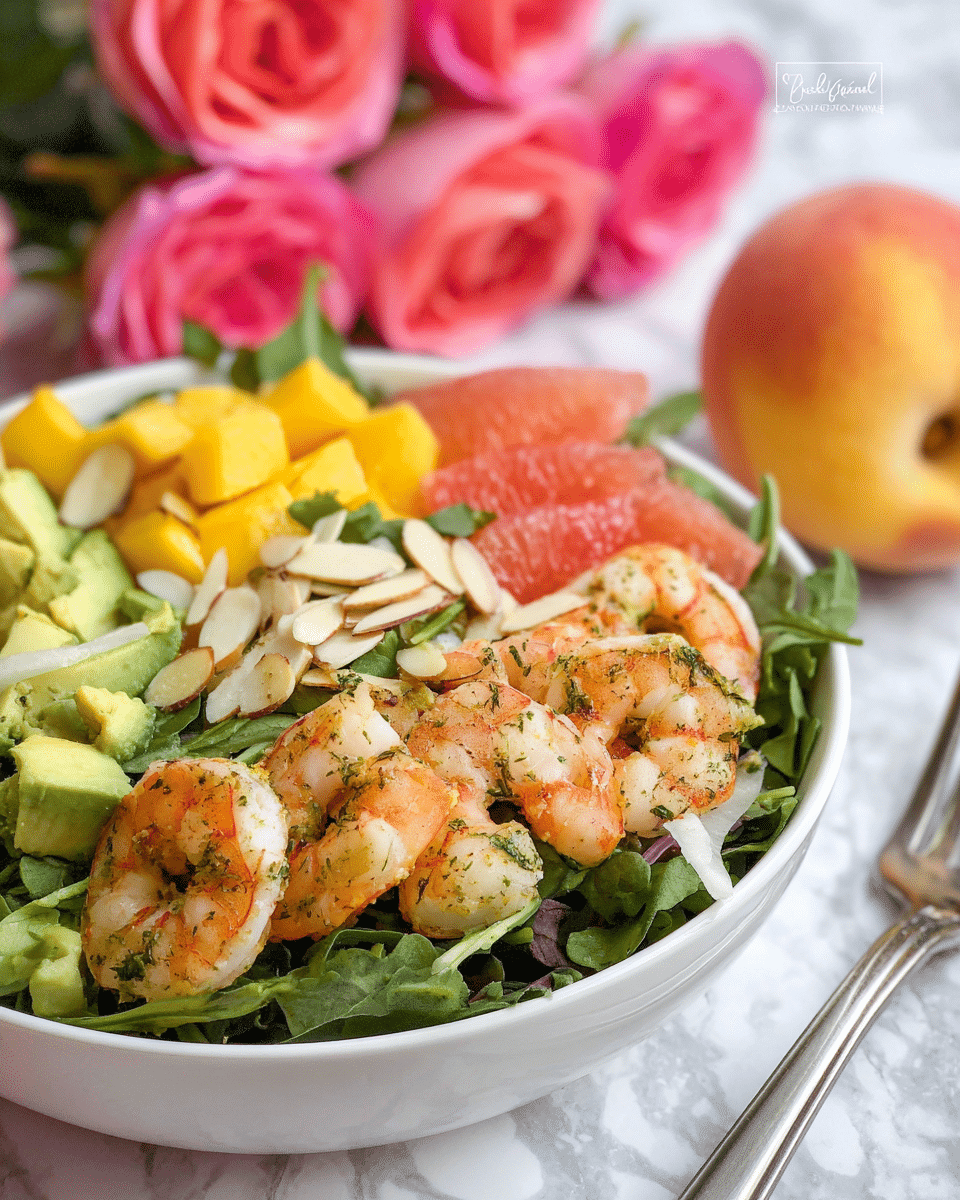 The image shows a fresh salad in a white bowl on a white marbled surface. The bottom layer consists of dark green leafy arugula with some thin slices of white onion mixed in. On top of that, there are bright yellow mango chunks and pale green avocado pieces scattered around. The next layer features pink grapefruit sections, adding a pop of color. Grilled shrimp with a light orange-pinkish color cover the salad, seasoned with herbs and spices. Thin, light brown almond slices are sprinkled over the top. A silver fork rests on the edge of the bowl. In the background, a blurred peach and two pink roses can be seen. Photo taken with an iphone --ar 4:5 --v 7