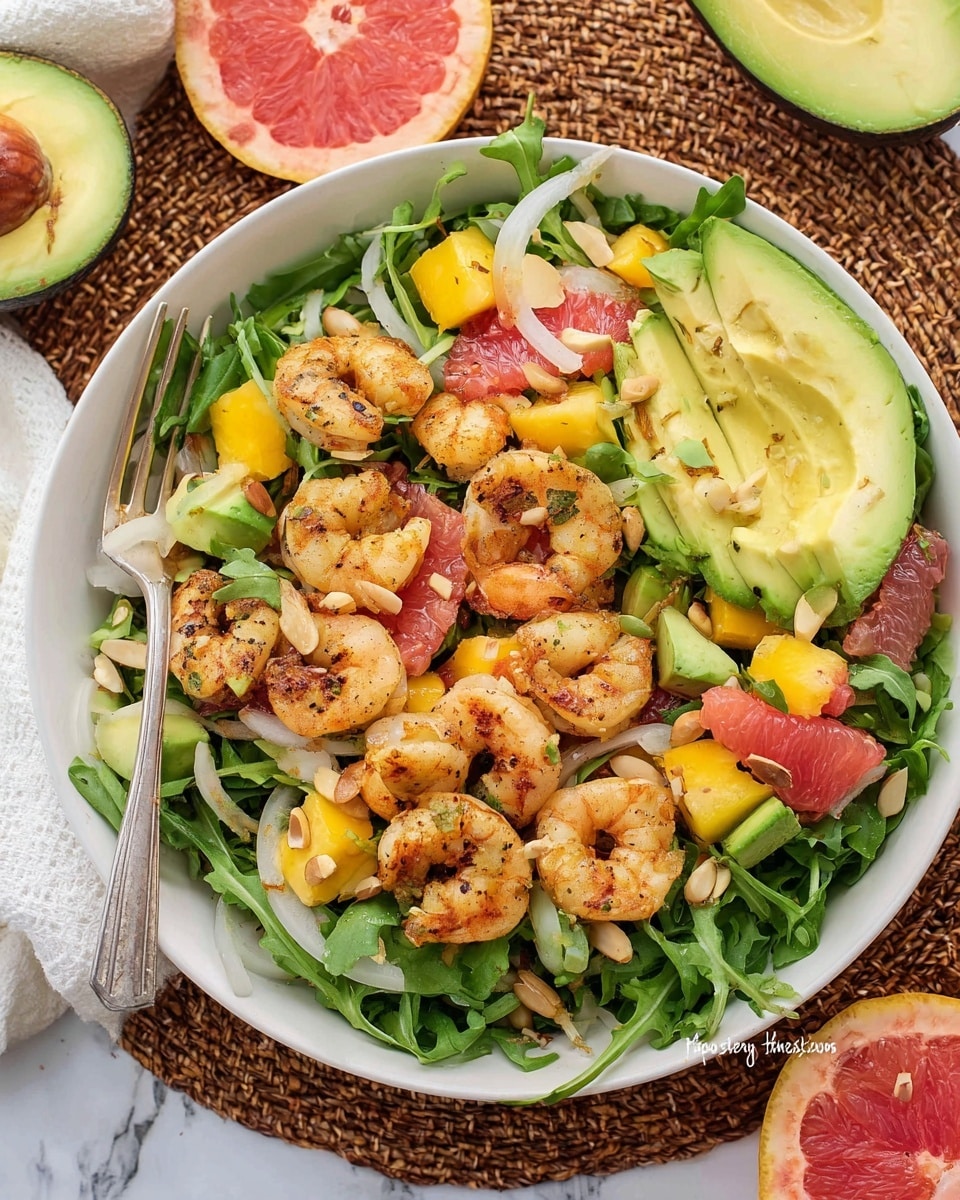 The image shows a white bowl filled with a shrimp salad placed on a brown woven mat on a white marbled surface. The first layer in the bowl is green leafy arugula, topped with thin white onion slices and chunks of yellow mango. There are also pink grapefruit segments and green avocado pieces scattered throughout. On top are grilled shrimp, golden brown with light grill marks, and the entire dish is sprinkled with sliced almonds. A silver fork rests inside the bowl on the left side. Around the bowl, parts of a halved avocado and a halved grapefruit are visible. photo taken with an iphone --ar 4:5 --v 7