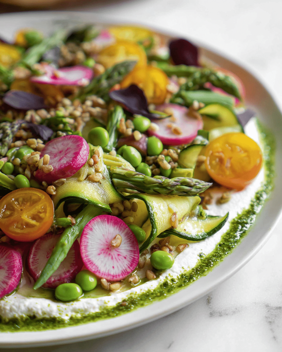 A large white plate holds a layered salad starting with a smooth, creamy white base spread across the bottom, topped with a thin line of green herb sauce along one edge. On top of this base is a mix of dark and light green leafy greens. Over the greens are thin light green cucumber slices and bright green asparagus spears arranged sporadically. Scattered around are vivid yellow and red cherry tomatoes, some looking roasted with a wrinkled texture. Bright green peas and small tan grains are sprinkled throughout. Thin pink and white circular slices, resembling candy-striped beet slices, sit evenly on top, adding a colorful contrast. The whole dish sits on a white marbled surface, with a yellow lemon and leafy greens nearby. Photo taken with an iphone --ar 4:5 --v 7