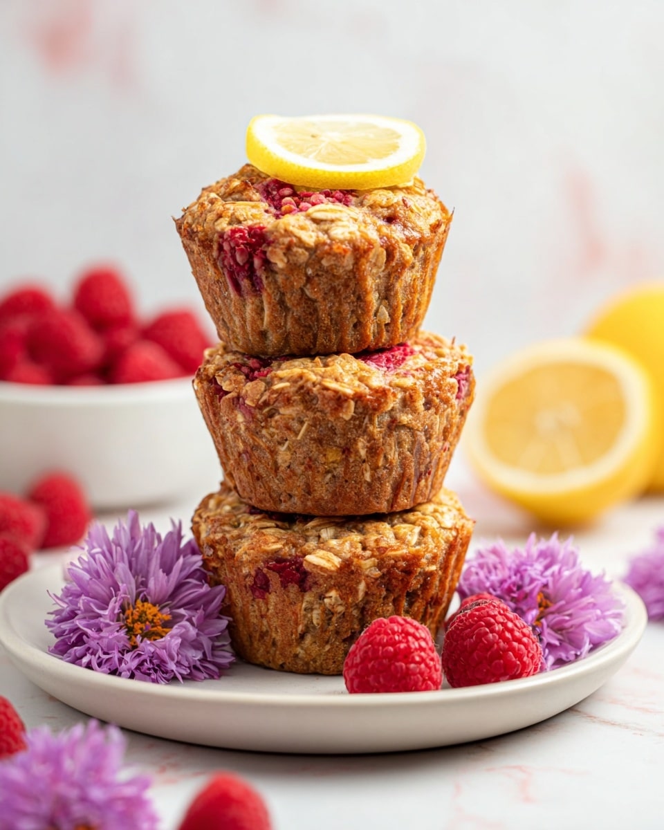 Three oatmeal muffins with visible bits of red fruit are stacked on a white plate; the top muffin is adorned with a small slice of lemon. The muffins have a textured, golden-brown crust with oat flakes, and the middle muffin shows some raspberry pieces peeking through. Around the plate are fresh raspberries and two purple flowers, all placed on a white marbled surface with a blurred white bowl of raspberries and half a lemon in the background. photo taken with an iphone --ar 4:5 --v 7