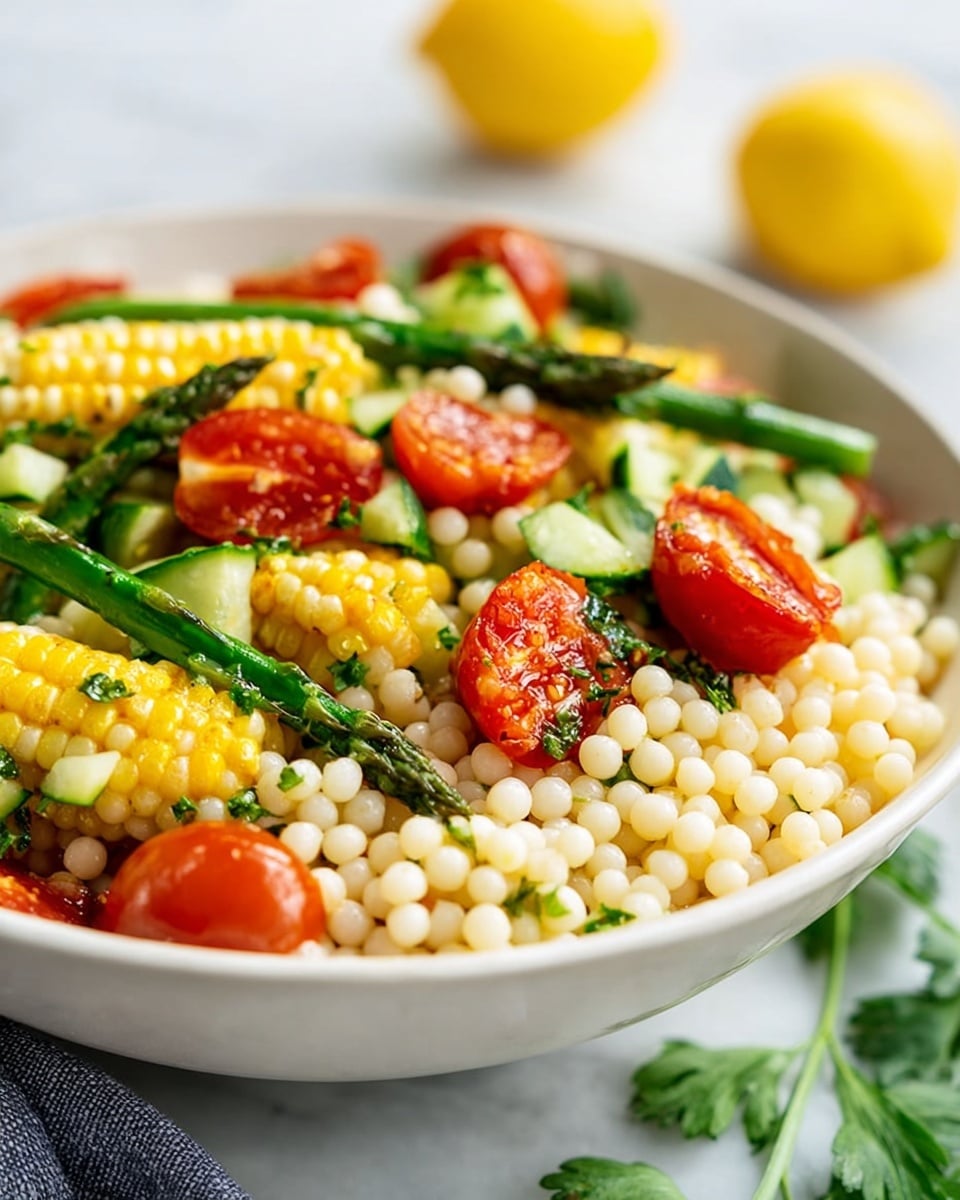 A close-up of a white bowl filled with three layers of food, the bottom layer is small, round, pale pearl couscous grains with a soft, smooth texture; the middle layer consists of bright yellow grilled corn pieces with slight charring, scattered throughout; the top layer is a mix of green asparagus, halved red cherry tomatoes, and small chopped cucumber, creating a colorful and fresh look. The bowl sits on a white marbled surface with some green parsley leaves around, and a blurry yellow lemon in the background. photo taken with an iphone --ar 4:5 --v 7