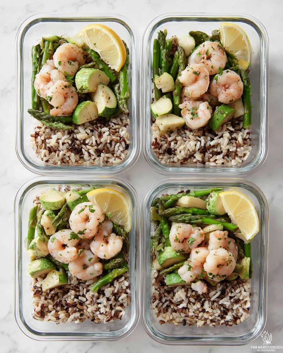 Four clear glass meal prep containers are arranged on a white marbled surface, each filled with two main layers. The bottom layer is a mix of cooked brown and wild rice, rich in light to medium brown and black grains, occupying about one-third of each container. The top layer consists of cooked shrimp that are pink and white, mixed with green asparagus pieces and light green zucchini chunks, all coated lightly with herbs and small bits of garlic. A small wedge of lemon in vibrant yellow sits on the edge of the rice in each container, adding a bright contrast. The overall look is fresh and healthy with a balanced mix of colors and textures. photo taken with an iphone --ar 4:5 --v 7