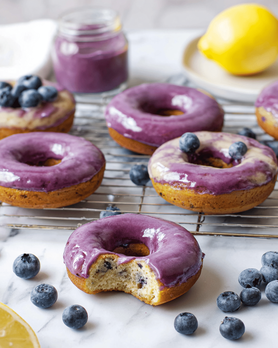 Six donuts are placed on a white marbled surface and a metal cooling rack. Each donut has a thick purple glaze layer on top and a light golden brown base layer. One donut in the front shows a bite taken out, revealing a soft and slightly speckled inside layer. Some fresh blueberries are scattered around the donuts. In the background, there is a whole yellow lemon and a small jar filled with the same purple glaze. The scene is bright and clean, emphasizing the rich purple glaze and soft texture of the donuts. photo taken with an iphone --ar 4:5 --v 7