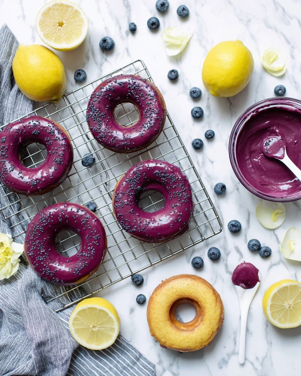 On a white marbled surface, there are six round donuts, five of them iced with a thick, shiny deep purple glaze sprinkled lightly with tiny black seeds on top, and one plain golden brown donut, all placed on and around a silver cooling rack. Around the donuts, fresh whole blueberries and two bright yellow whole lemons are scattered. A white spoon with purple glaze rests on the cooling rack near a clear bowl containing thick purple icing. A gray and white striped cloth is draped to the side, with white petals of flowers partially visible near the edge. Photo taken with an iphone --ar 4:5 --v 7