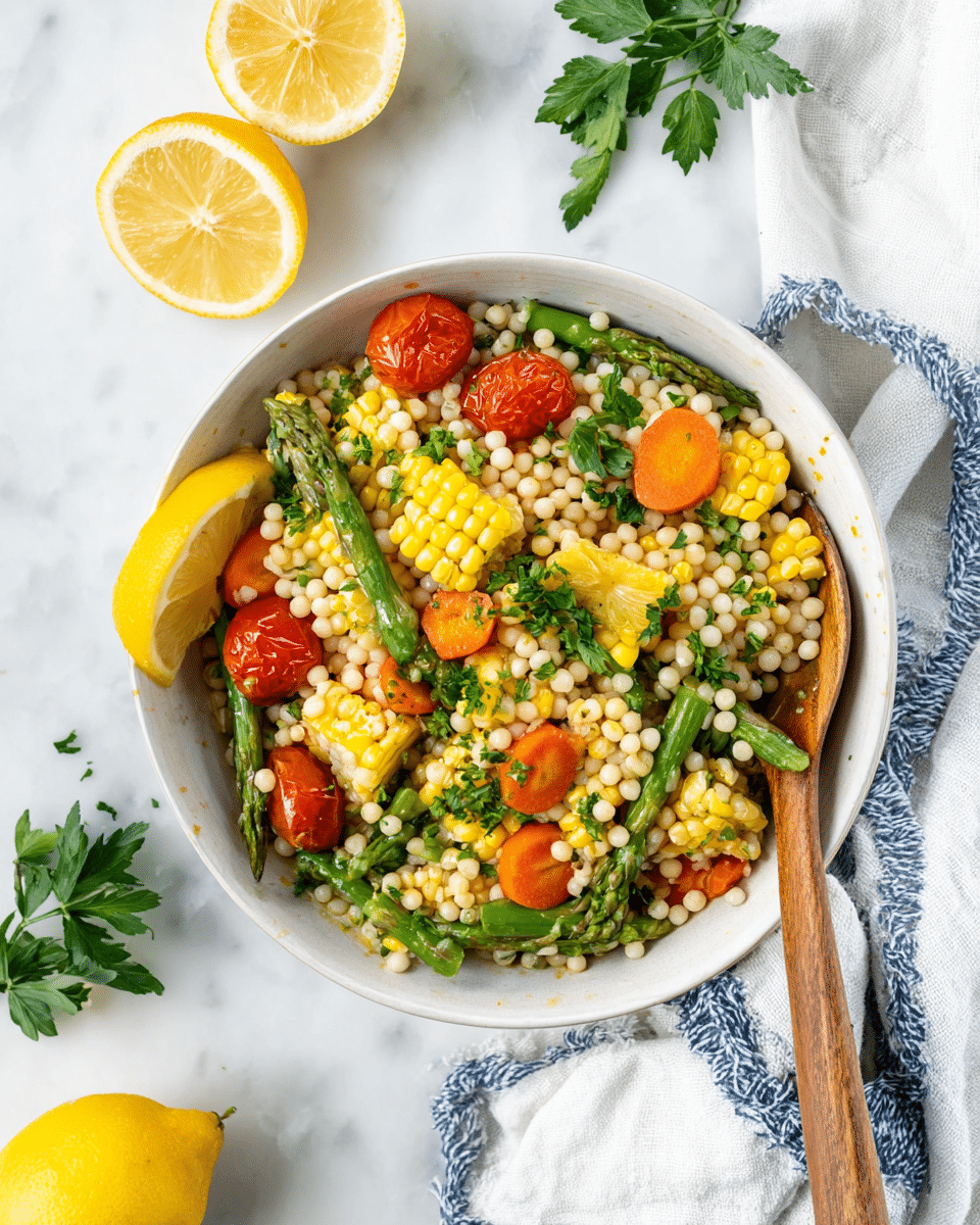 A white bowl sits on a white marbled surface with a wooden spoon inside, filled with three layers: the base layer is small round white couscous pearls; scattered through it are bright yellow grilled corn pieces with slight char marks, and cut green asparagus spears; the top layer shows halved red cherry tomatoes and small orange carrot pieces, topped with fresh green parsley. A lemon wedge decorates the side inside the bowl, with a halved lemon placed near the top left of the bowl and another whole lemon at the bottom. A white cloth with blue edges is draped near the bowl's right side. photo taken with an iphone --ar 4:5 --v 7