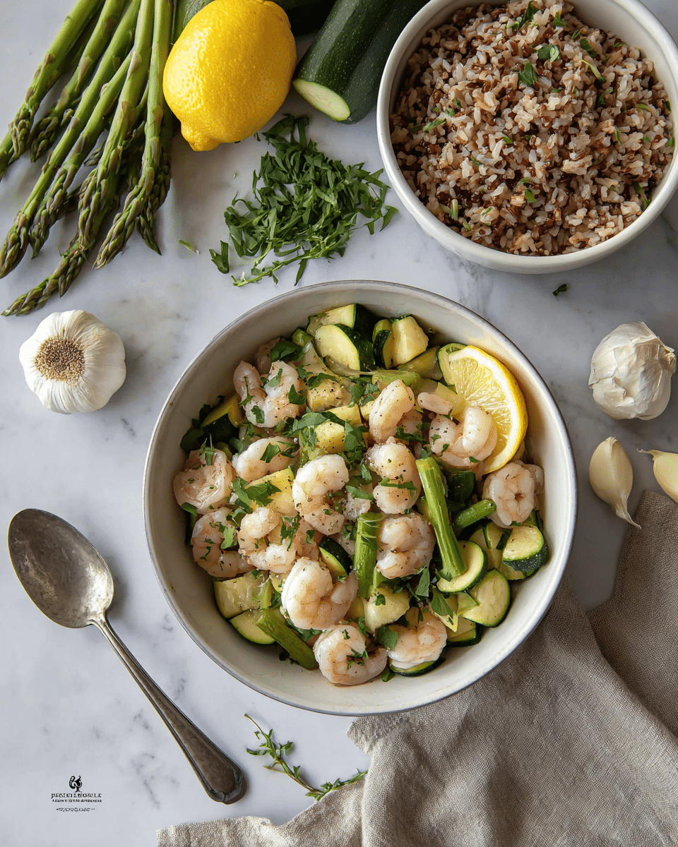A white bowl filled with a shrimp and vegetable mix, where the top layer is made of small pink shrimp, green asparagus pieces, and light green zucchini slices, all sprinkled with fresh green herbs. On one side of the bowl, there is a lemon half, yellow and juicy, adding a bright touch. Above the bowl, a smaller white bowl holds a mix of brown and wild rice, with a grainy texture. Around the bowls, there are whole fresh ingredients including a yellow lemon, a split open garlic bulb with white cloves, a green zucchini, asparagus stalks, and green leafy herbs. Nearby, a silver spoon lies on the left side and a beige cloth is partially visible on the right side, all placed on a white marbled surface. photo taken with an iphone --ar 4:5 --v 7
