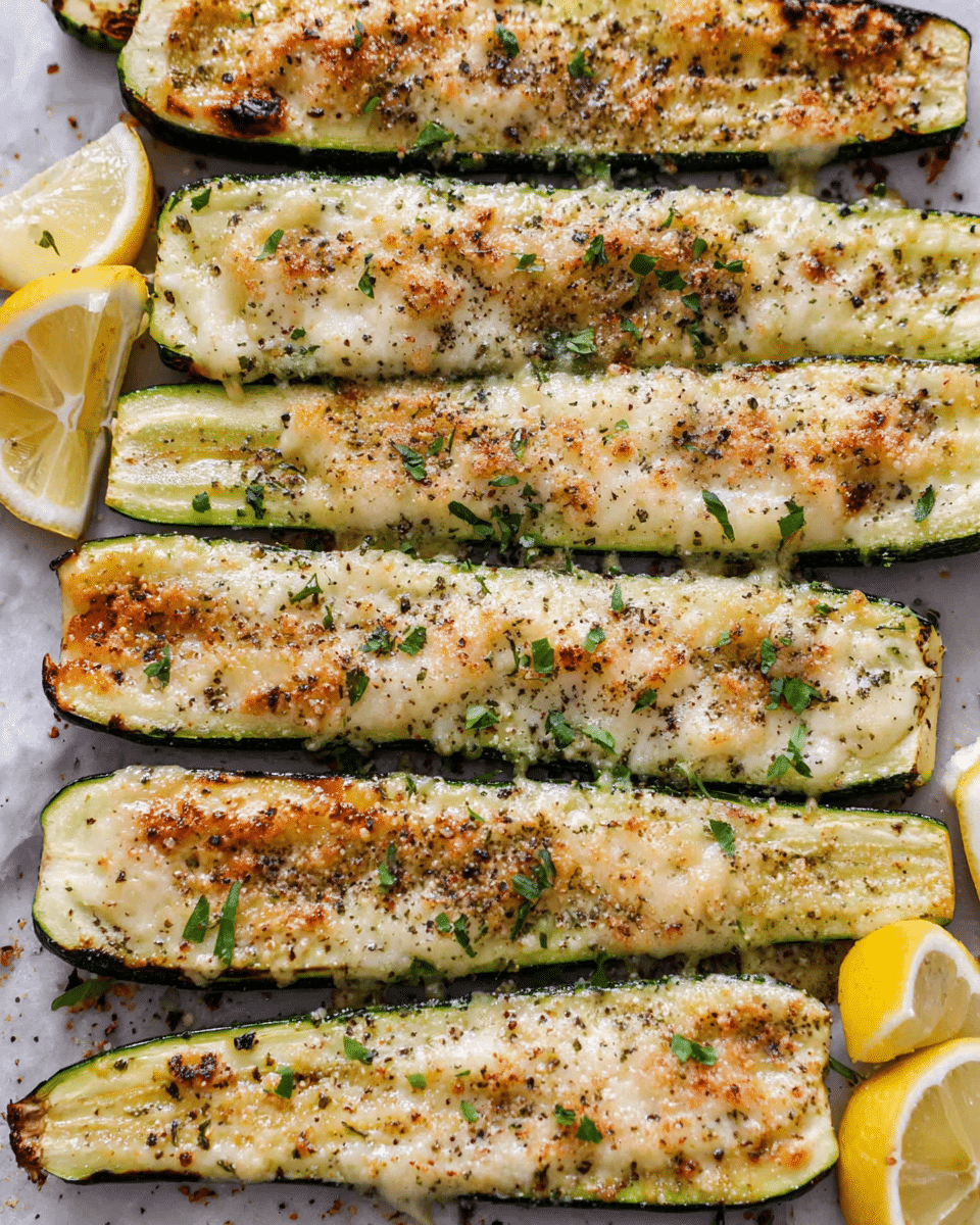 The image shows a white marbled surface covered with eight long, grilled zucchini halves arranged in two vertical rows. Each zucchini half has a golden-brown top layer with melted cheese, black pepper, and small green herbs sprinkled across. The edges show slight browning from cooking, and there are some lemon wedges placed around the zucchini for garnish. The texture looks crispy in some spots with a soft, tender zucchini base underneath. Photo taken with an iphone --ar 4:5 --v 7