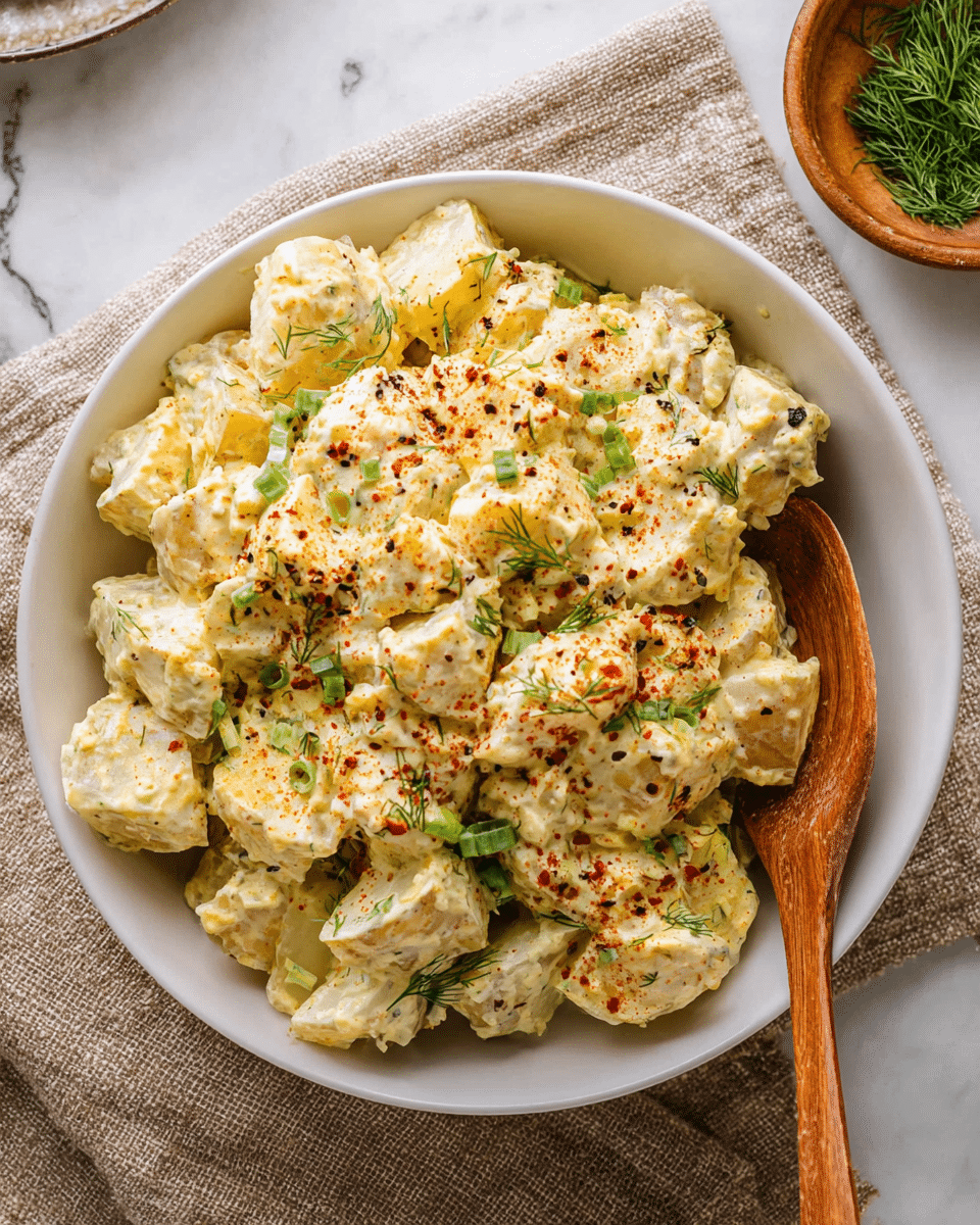 A white bowl filled with creamy potato salad made of chunky white potato pieces mixed with a thick yellowish dressing. The salad is topped with finely chopped green onions, black pepper, dill flakes, and a light sprinkle of red paprika powder creating small red spots. A wooden spoon rests inside the bowl on the right edge, slightly submerged in the salad. In the background, there is a small wooden bowl with green herbs and parts of another plate with more potato salad. The bowl is placed on a textured beige cloth, all set on a white marbled surface. photo taken with an iphone --ar 4:5 --v 7