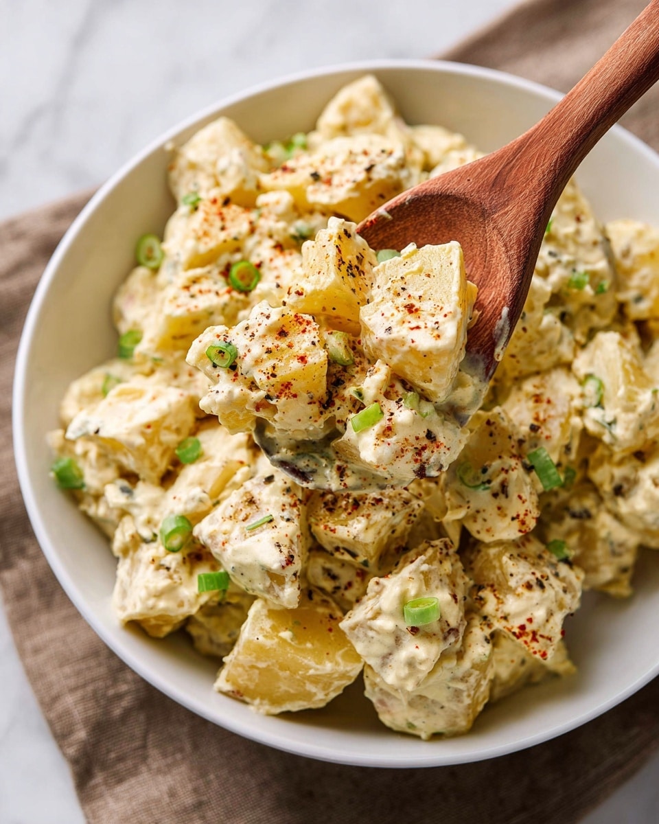The image shows a white bowl filled with creamy potato salad made of warm yellowish potato cubes mixed in a thick, pale yellow dressing. The potato pieces are coated evenly, and small green onion slices are scattered on top, adding green accents. There is a sprinkle of dark black pepper and some red paprika powder, giving a slightly speckled look. A wooden spoon lifts a portion of the salad from the bowl, showing chunky textures and creamy dressing. The bowl rests on a white marbled surface, with parts of a brown cloth napkin visible underneath. photo taken with an iphone --ar 4:5 --v 7