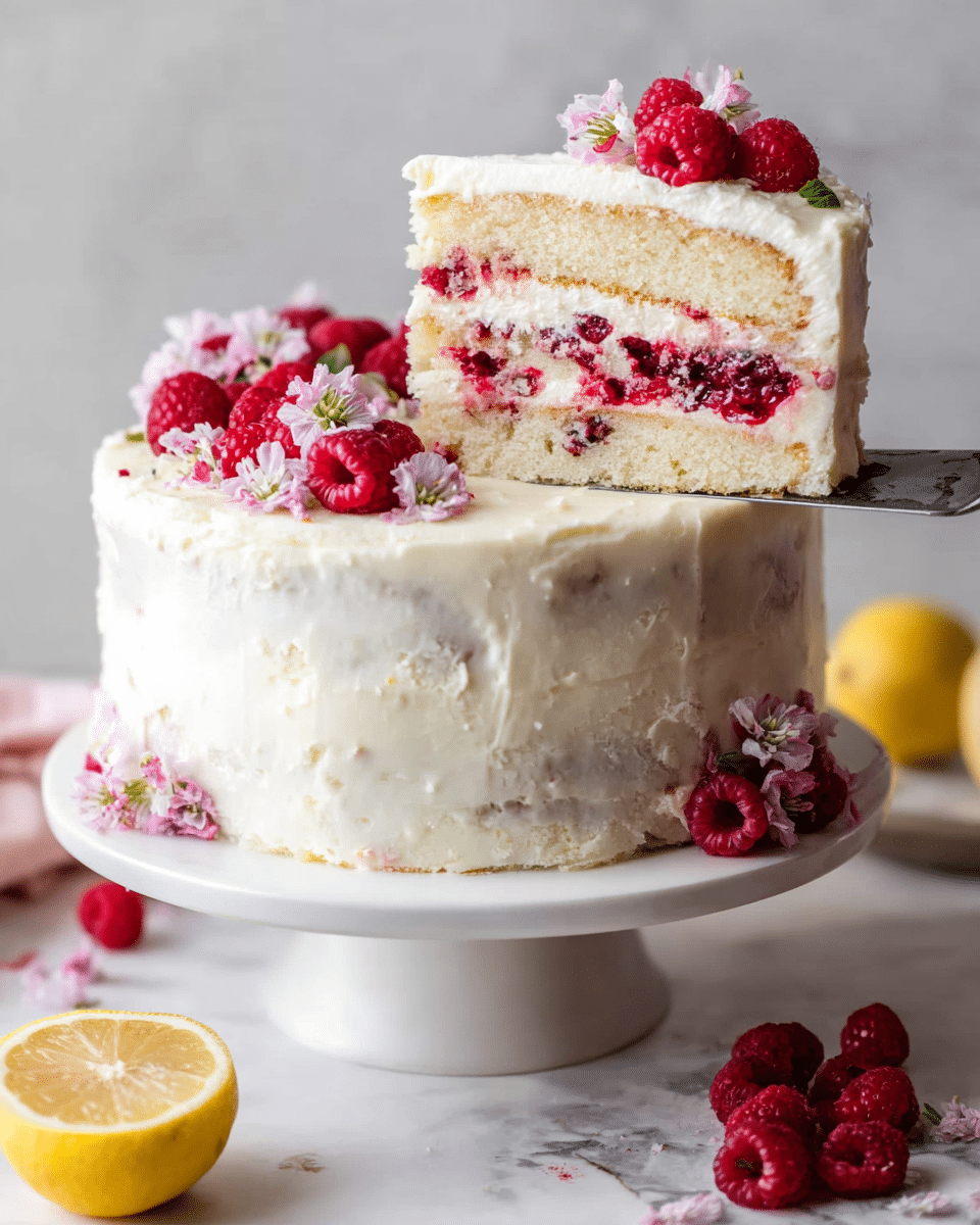 A two-layer cake with white frosting on the outside sits on a white cake stand against a white marbled surface. The cake has a slightly textured look on the sides, with some crumbs visible under the frosting. Between the layers, there is a visible spread of red berry filling mixed with small bits of berries, adding a pop of color and texture. On top of the cake, whole raspberries and small pink flowers decorate the surface. A slice is lifted above the cake with a knife, showing the inside layers clearly: two soft white cake layers with embedded berries and a middle layer of creamy white frosting mixed with the bright red berry filling. More raspberries and a lemon half are scattered around the base on the white marbled surface. Photo taken with an iphone --ar 4:5 --v 7
