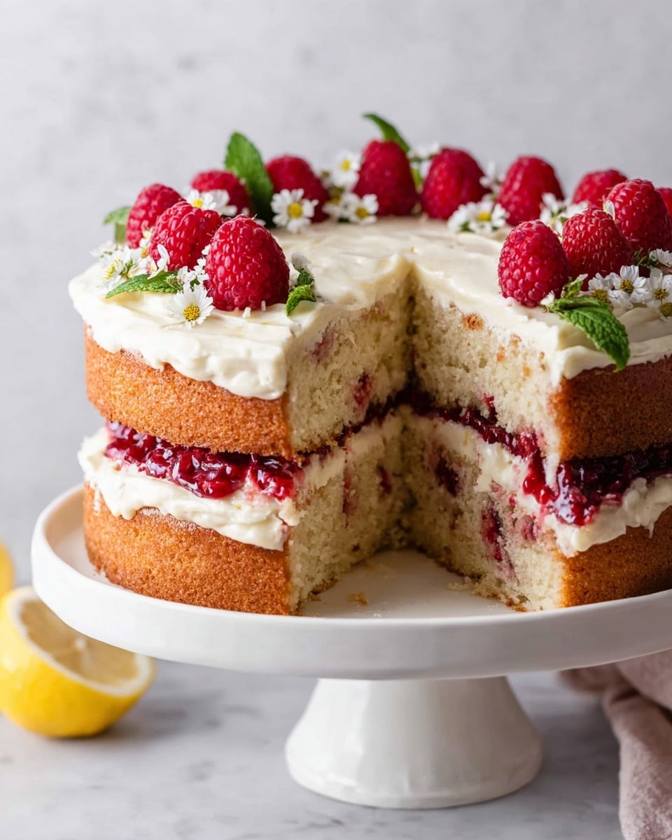 The image shows a two-layer cake with light beige sponge that has bits of raspberries inside both layers. Between the two layers is a thin spread of red raspberry jam. The cake is covered with creamy white frosting on top and sides, decorated with whole fresh raspberries, small mint leaves, and delicate white flowers along the top edge. The cake is placed on a white cake stand against a white marbled texture background, and a cut lemon is visible nearby. A woman's hand is partially visible holding the edge of the stand. Photo taken with an iphone --ar 4:5 --v 7