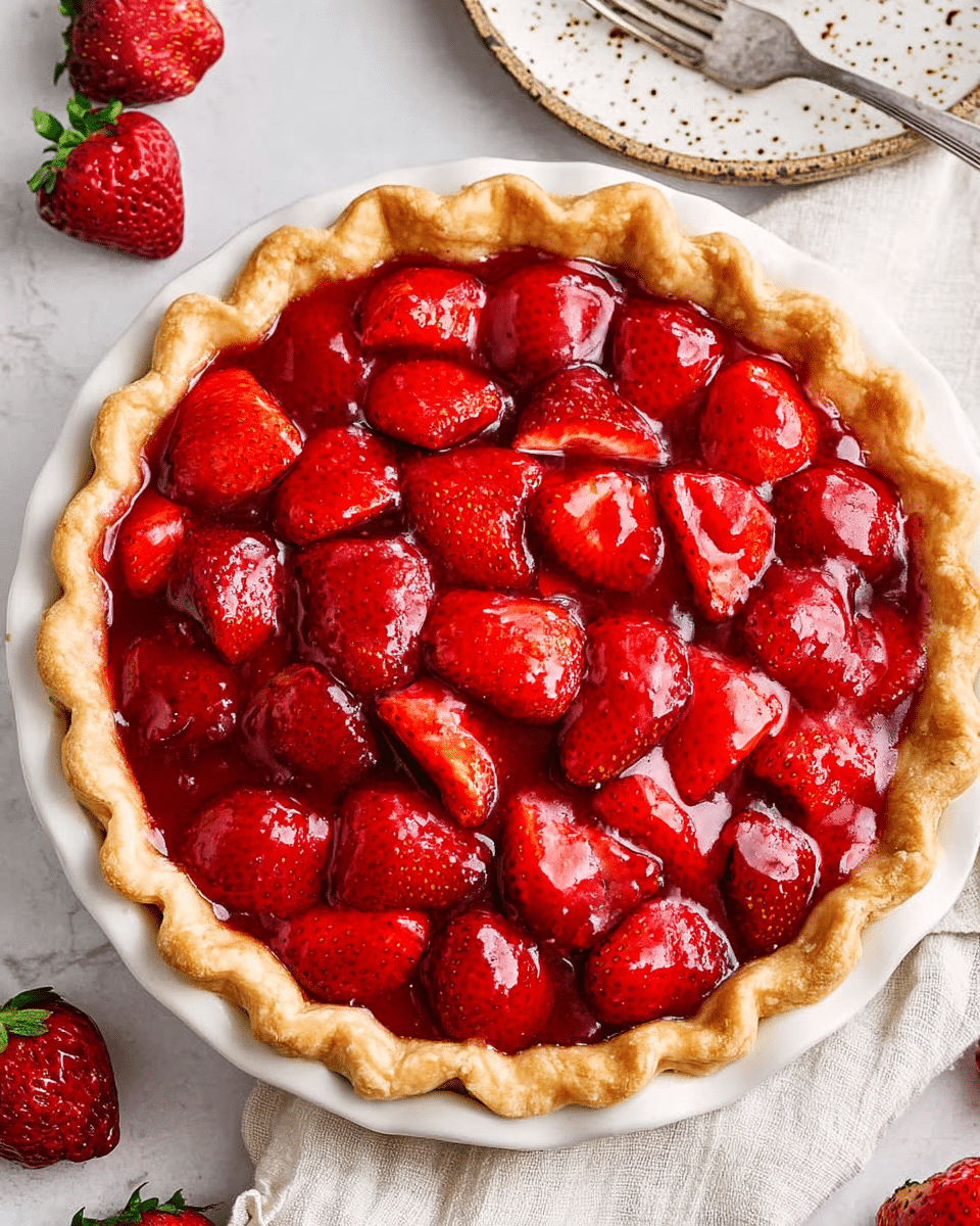 The image shows a strawberry pie with a golden, crimped edge crust in a white pie dish. The pie is filled with a bright red strawberry glaze topped with whole and halved shiny strawberries creating a vibrant, glossy surface. The pie sits on a white marbled surface with a white linen cloth partially visible beneath it, along with some halved strawberries and a white plate with dark speckles and a fork on the side. The strawberries are fresh and juicy, covering the entire top layer of the pie. Photo taken with an iphone --ar 4:5 --v 7