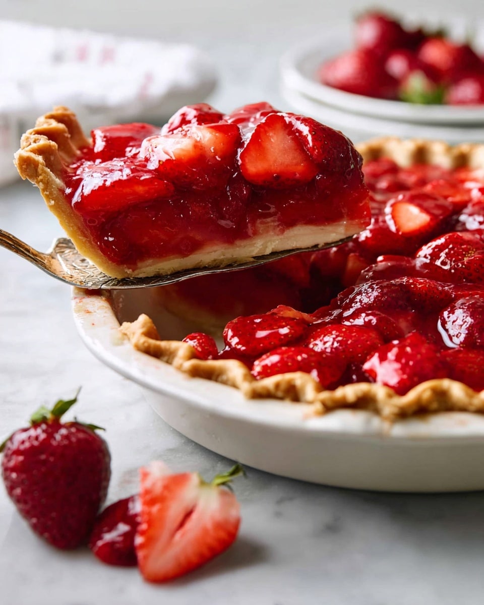 A slice of bright red strawberry pie is lifted above a whole pie in a white ceramic dish with a golden, crimped crust. The pie has one thick layer of fresh, glossy strawberries coated in a shiny glaze, sitting on a smooth, slightly crumbly crust. The strawberries are whole and halved, showing juicy, textured red flesh with tiny seeds. Around the dish, fresh strawberry halves lay on a white marbled surface, adding color and freshness to the scene. photo taken with an iphone --ar 4:5 --v 7